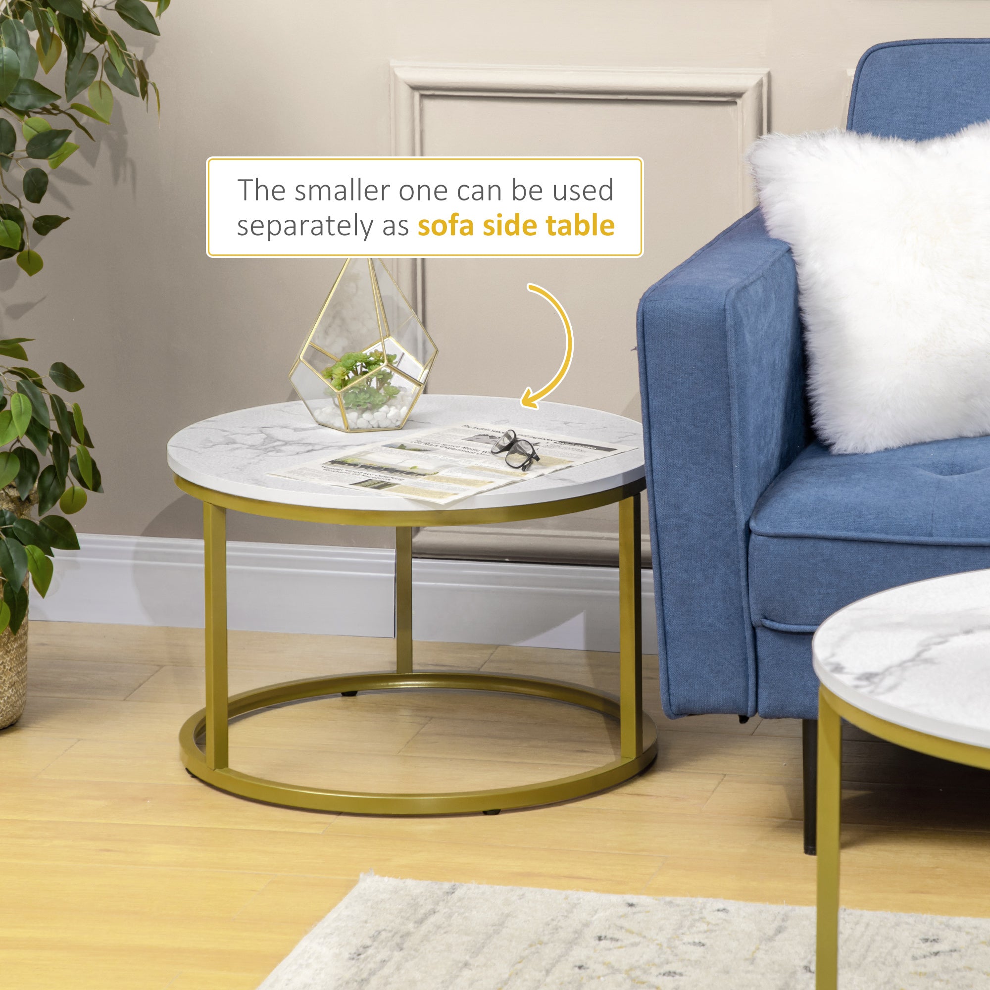 HOMCOM Coffee Table Set of 2, Round Nest of Tables with Faux Marble Tabletop and Metal Frame, Modern Side Tables for Living Room, White - North Peak Garden Furniture