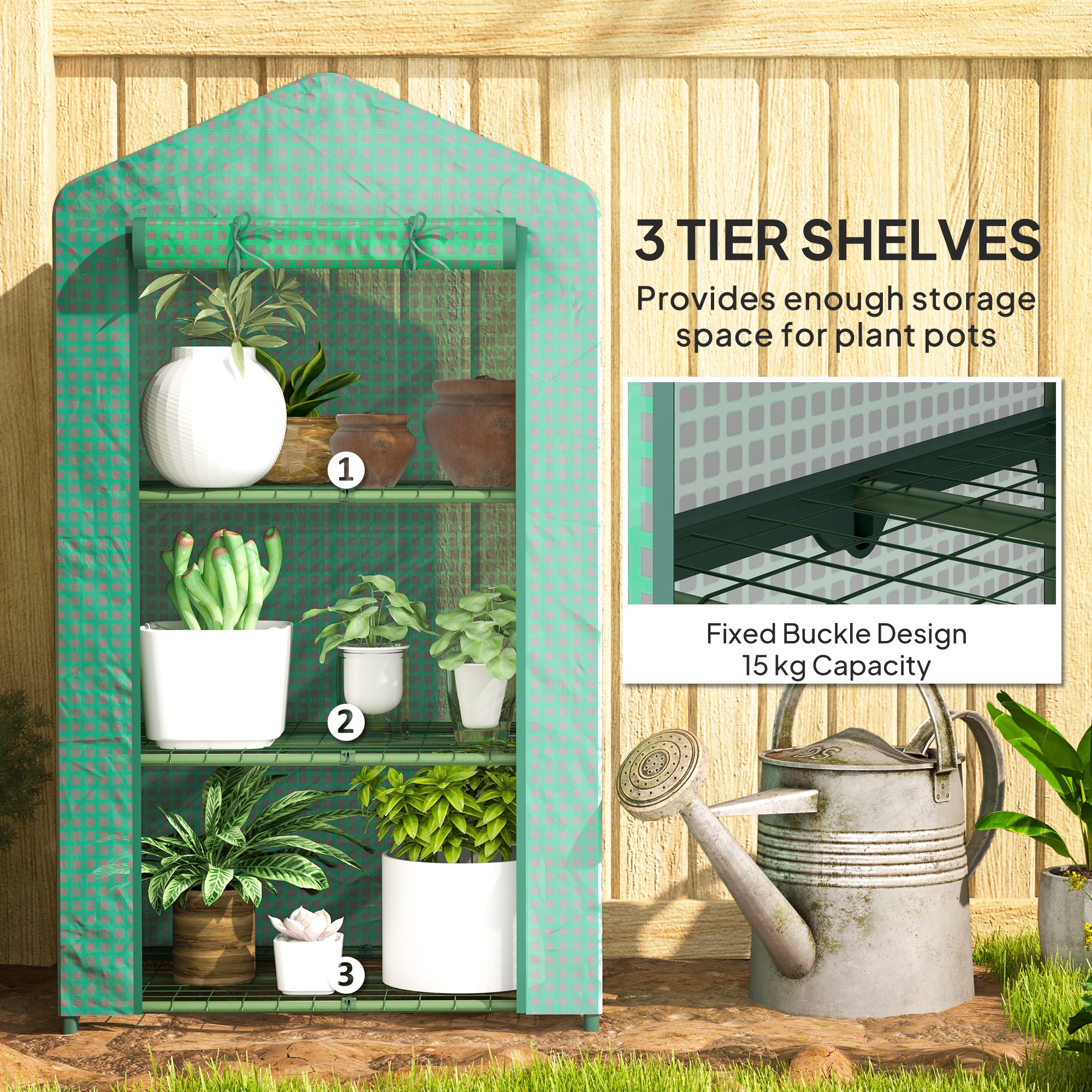 Outsunny 3 Tier Mini Greenhouse Portable Garden Grow House with Roll Up Door and Wire Shelves, 69 x 49 x 125 cm, Green