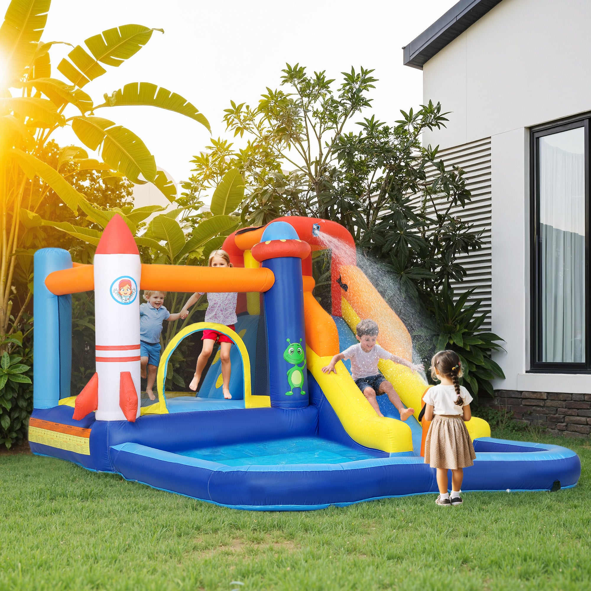 AIYAPLAY 5 in 1 Bouncy Castle for Children with 550W Blower, Water Slide, Splash Pool, Jumping Area, Climbing Wall, Cannon - North Peak Garden Furniture