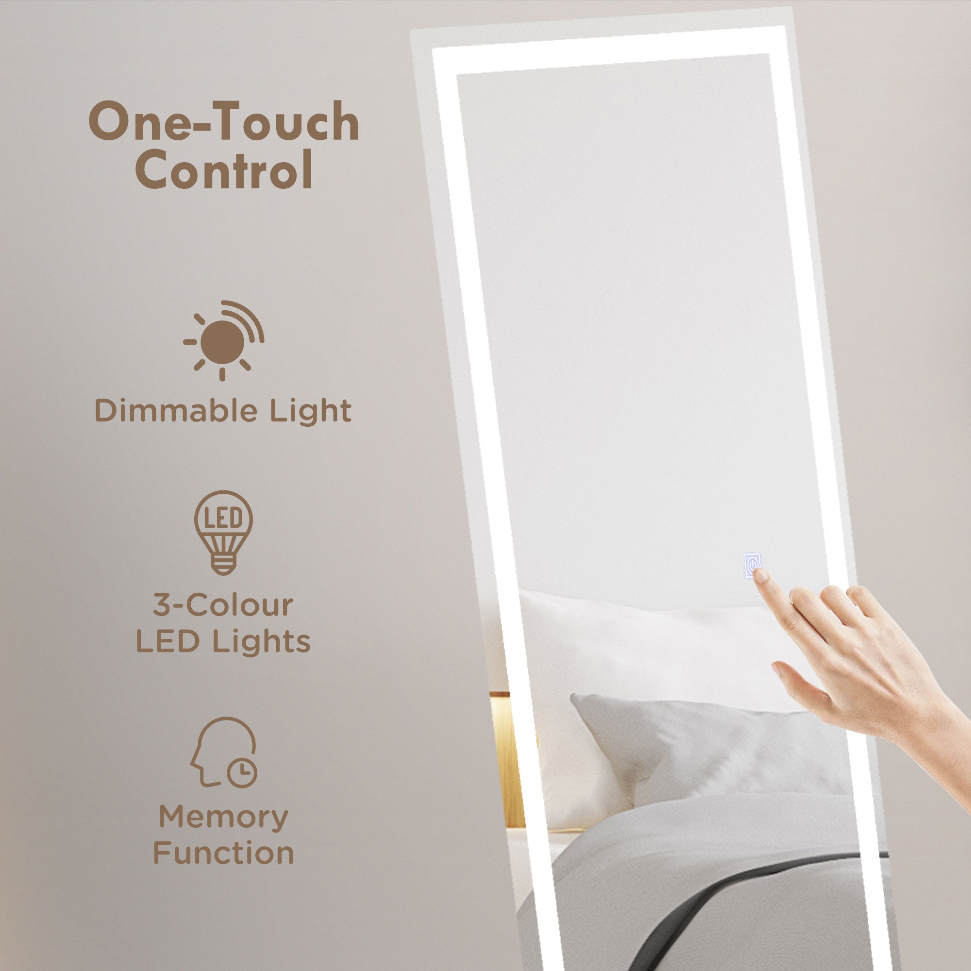 HOMCOM Standing Dressing Mirror with LED Lights, Wall Dressing Mirror for Bedroom with Dimmable and 3 Colour Lighting, White - North Peak Garden Furniture