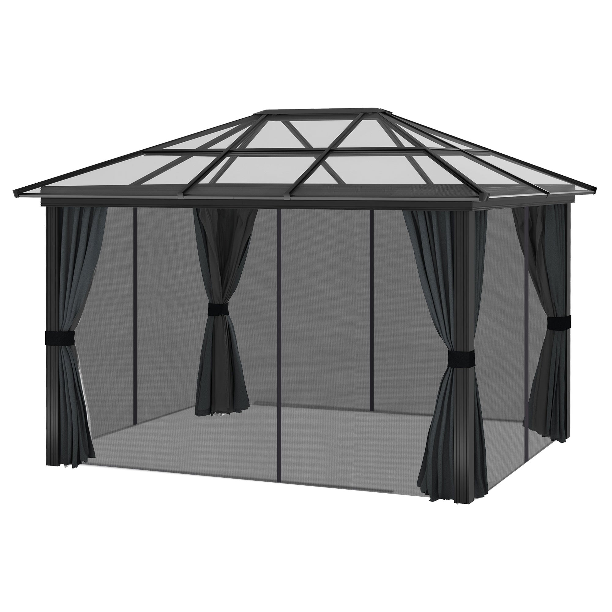 Outsunny 3 x 3.6m Hardtop Gazebo Canopy with Polycarbonate Roof, Aluminium Frame, Permanent Pavilion Garden Gazebo with Netting and Curtains for Patio, Deck, Dark Grey