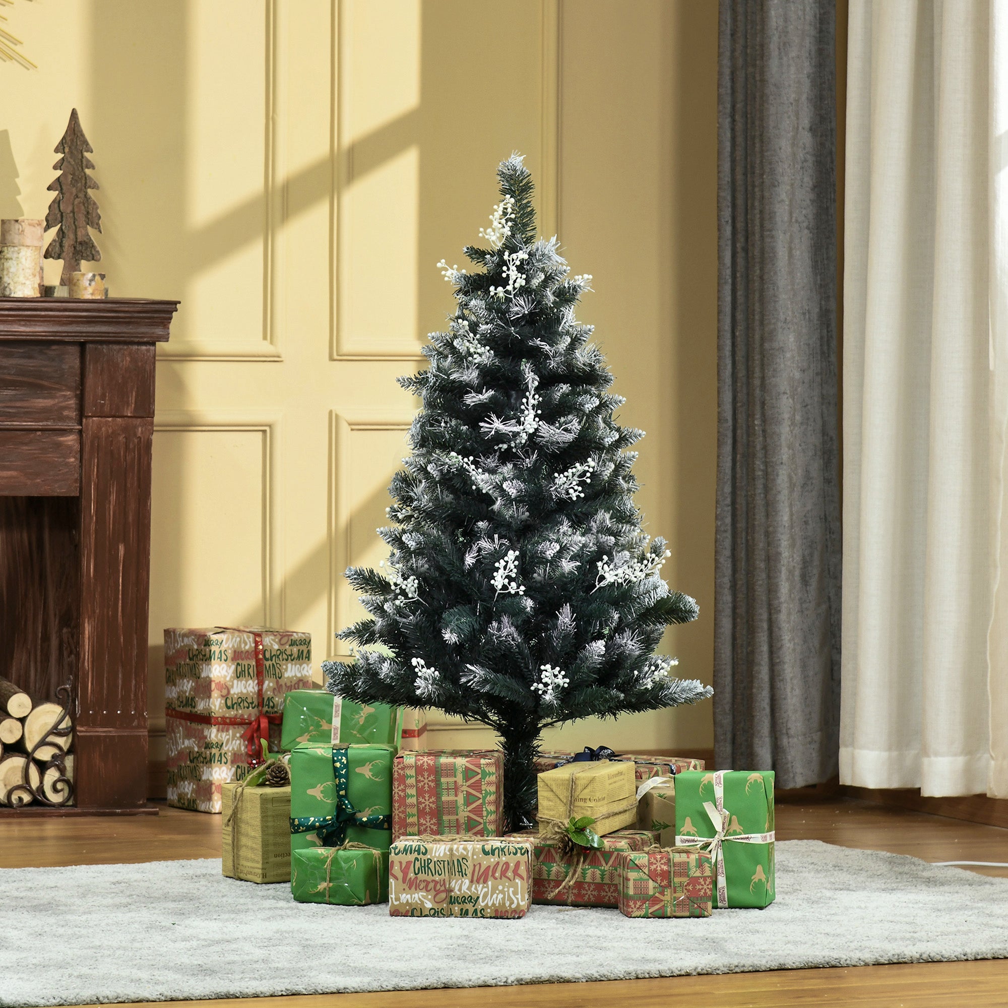 HOMCOM 4FT Artificial Snow-Dipped Christmas Tree Xmas | Home Home Indoor Decoration | Removable Stand w/ White Berries Star Topper Branch Green - North Peak Garden Furniture
