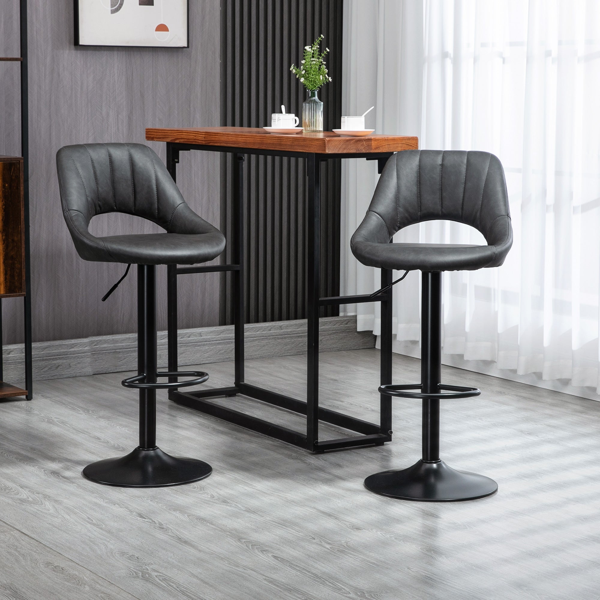 HOMCOM Barstools Set of 2 Adjustable Swivel Height Gas Lift PU Leather Counter Chairs with Footrest - North Peak Garden Furniture