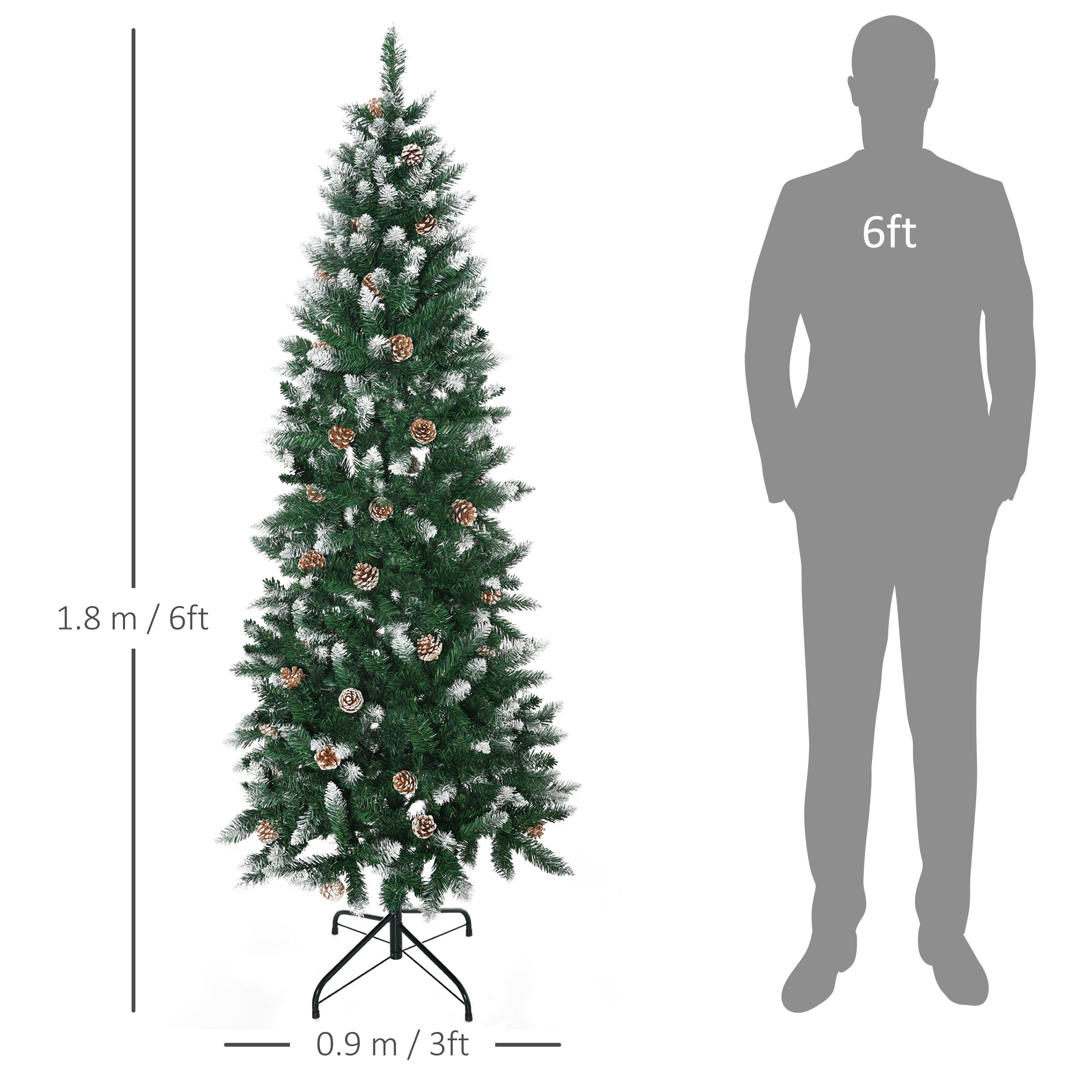 HOMCOM 6 Ft Snow Artificial Christmas Tree with Realistic Branches, Pine Cone, for Indoor Decoration, Green White