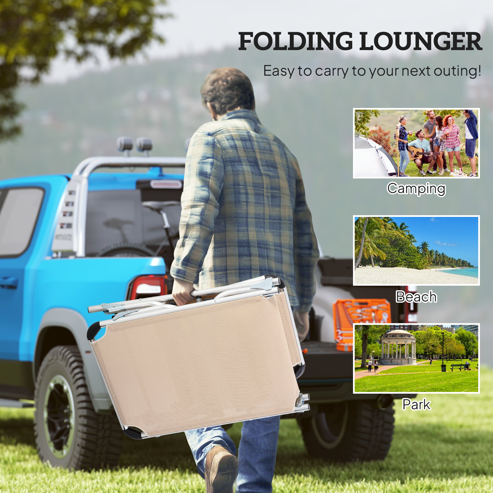 Outsunny Foldable Outdoor Sun Lounger, Reclining Lounge Chair Camping Bed Cot with Pillow 4-Level Adjustable Back Aluminium Frame, Khaki - North Peak Garden Furniture