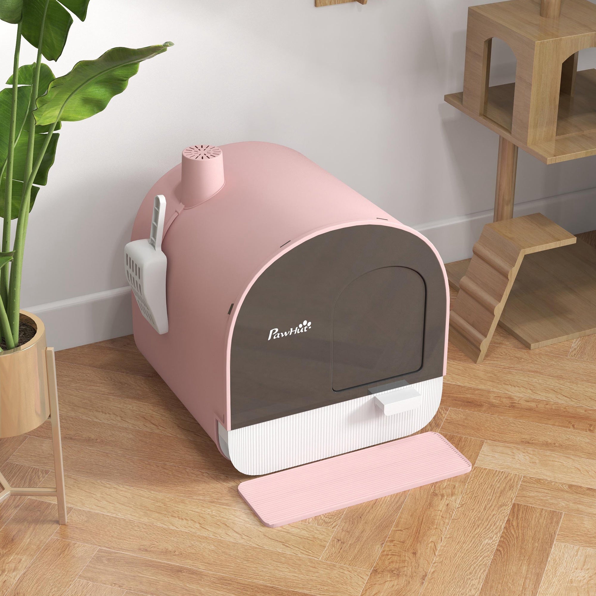 PawHut Hooded Cat Litter Box, Kitten Litter Tray, with Lid, Scoop, Filter, Flap Door, Pink - North Peak Garden Furniture