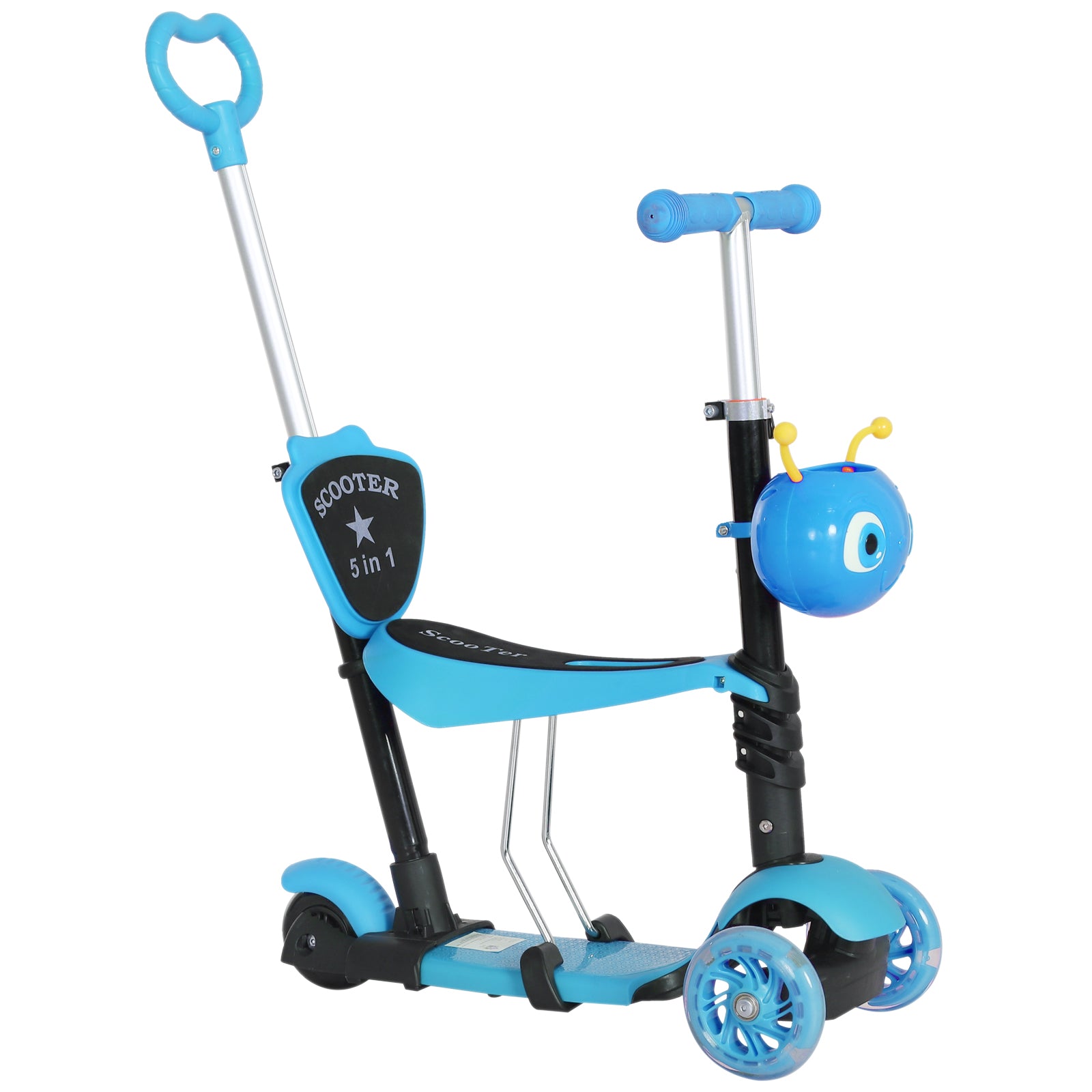 HOMCOM 5-in-1 Kids Toddler 3 Wheels Mini Kick Scooter Push Walker with Removable Seat & Back Rest for Girls and Boys Blue - North Peak Garden Furniture
