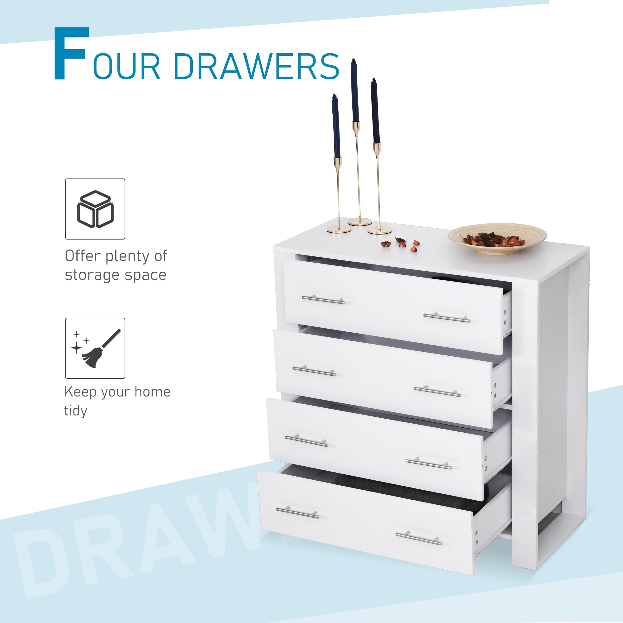 HOMCOM Chest Of 4 Drawers Storage Cabinet Bedroom Clothes w/Metal Handles Base Freestanding Unit Furnishing Living Room White - North Peak Garden Furniture