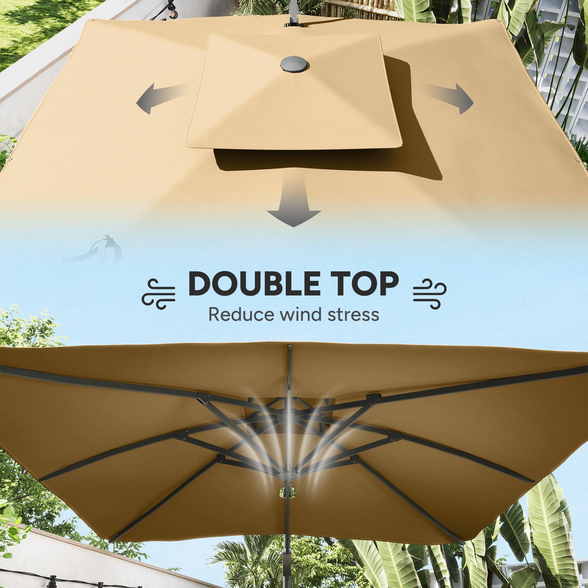 Outsunny Garden Parasol, 3(m) Cantilever Parasol with Hydraulic Mechanism, Dual Vented Top, 8 Ribs, Cross Base, Khaki - North Peak Garden Furniture