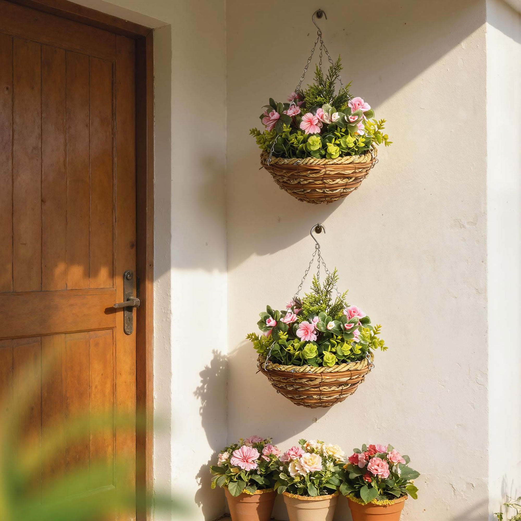 Outsunny Pack of 2 Faux Plant Artificial Lisianthus Flowers Hanging Planter with Basket for Indoor Outdoor Decoration, Pink