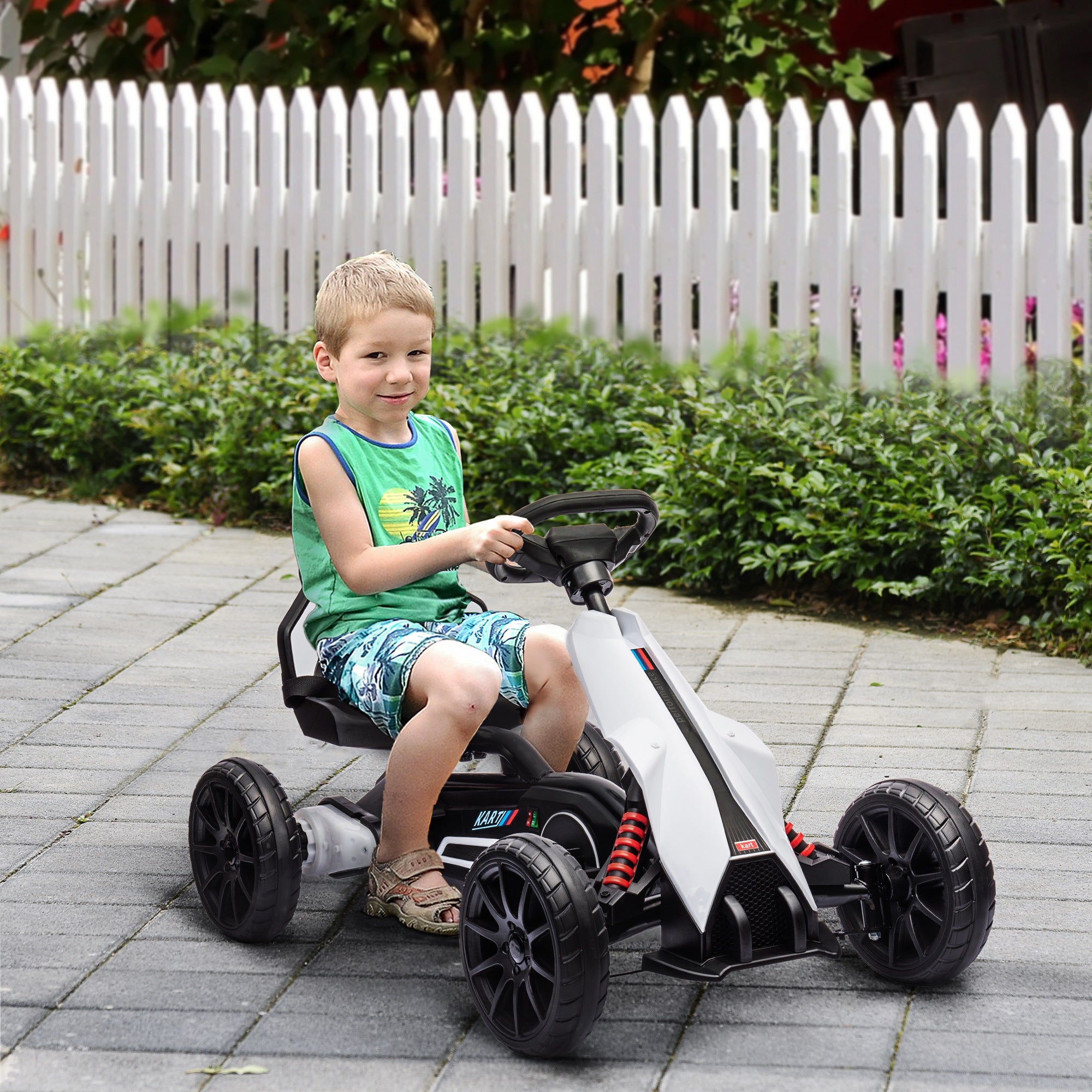 HOMCOM 12V Electric Go Kart for Kids, Ride-On Racing Go Kart with Forward Reversing, Rechargeable Battery, 2 Speeds, for Boys Girls Aged 3-8 Years Old - White - North Peak Garden Furniture