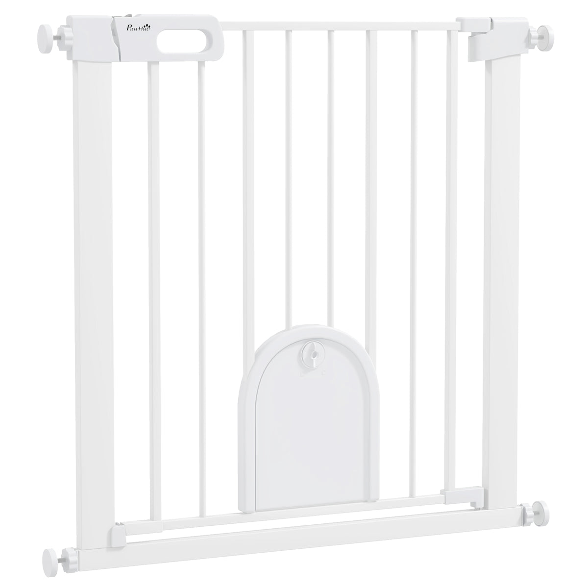 PawHut 75-82cm Pet Safet Gaye, Pressure Fit Stair, with Cat Flap, Double Locking, White