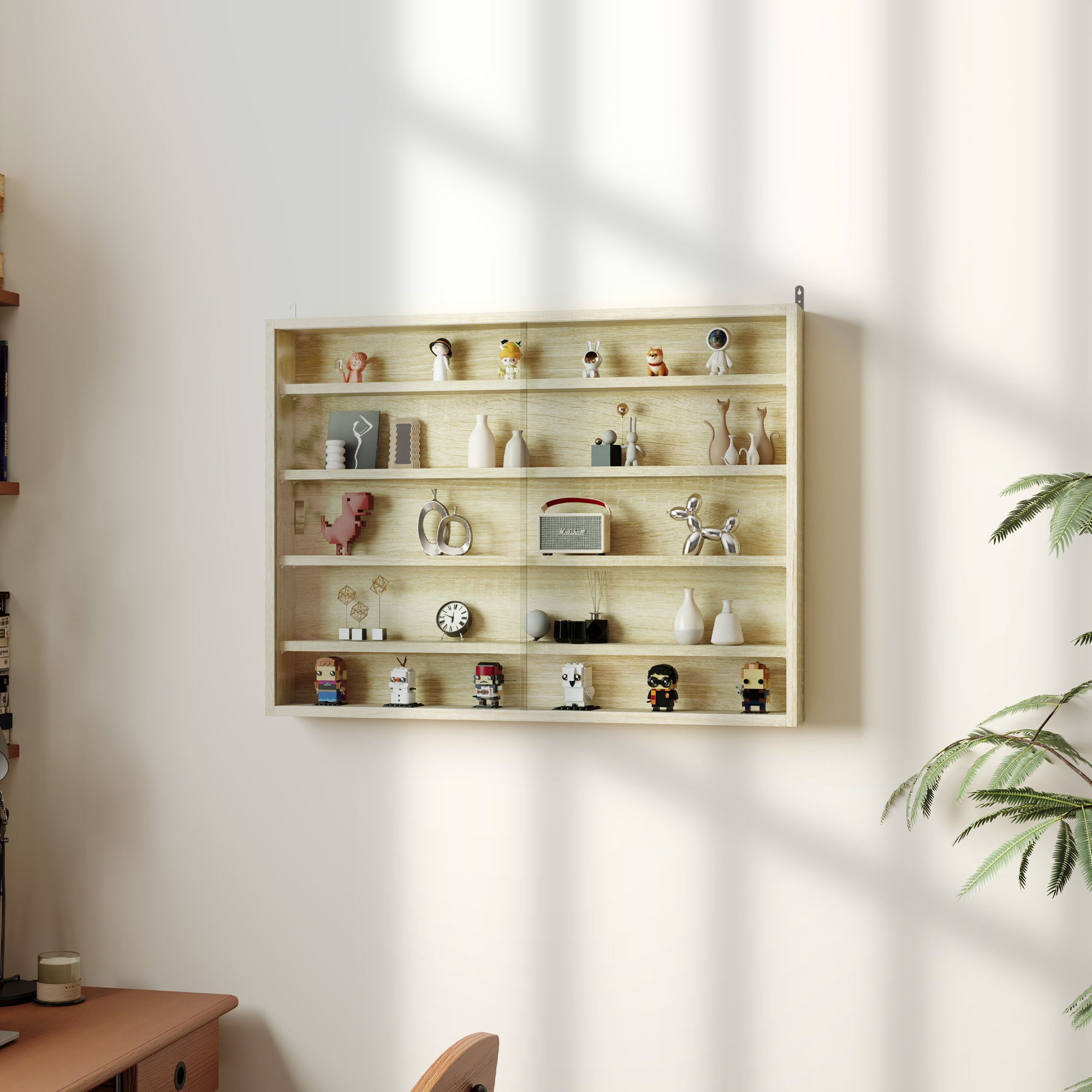 HOMCOM 5-Tier Wall Display Shelf Unit Cabinet w/ 4 Adjustable Shelves Glass Doors Home Office Ornaments 60x80cm Oak - North Peak Garden Furniture