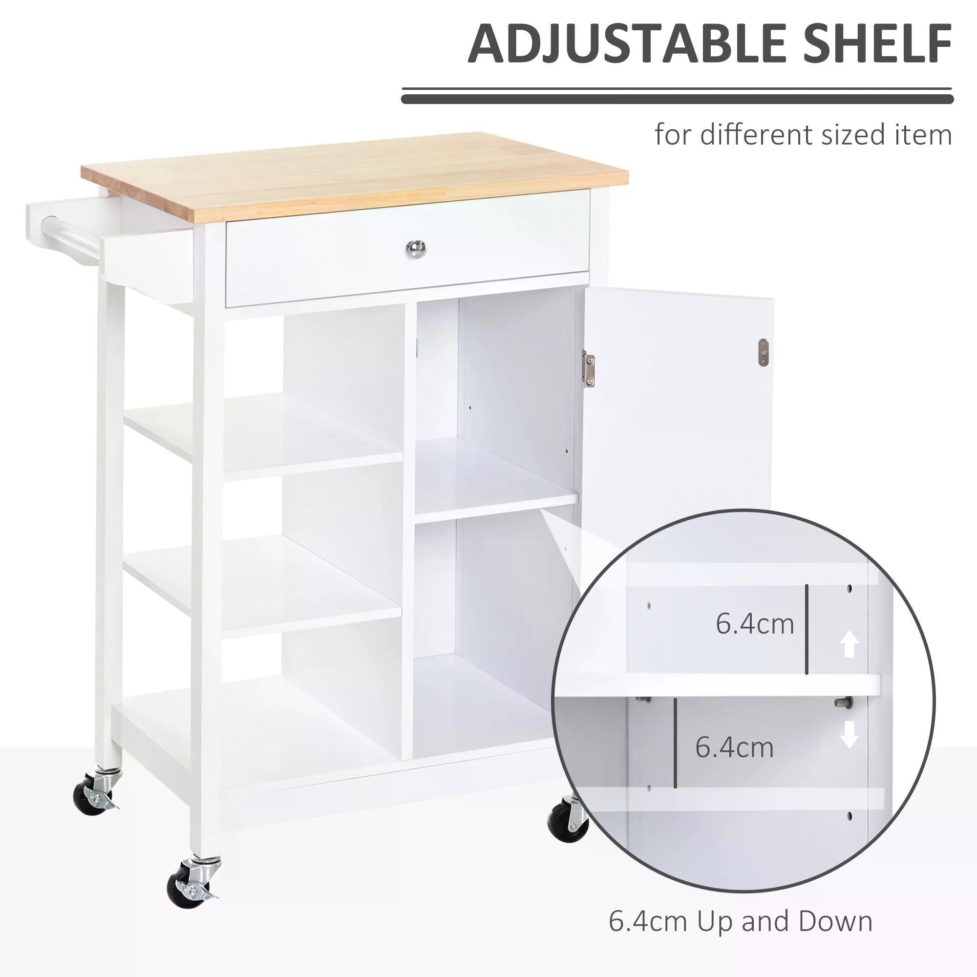 HOMCOM Kitchen Trolley, Kitchen Island on Wheels, w/ Wood Top, 3 Shelves and Storage Cupboard, White