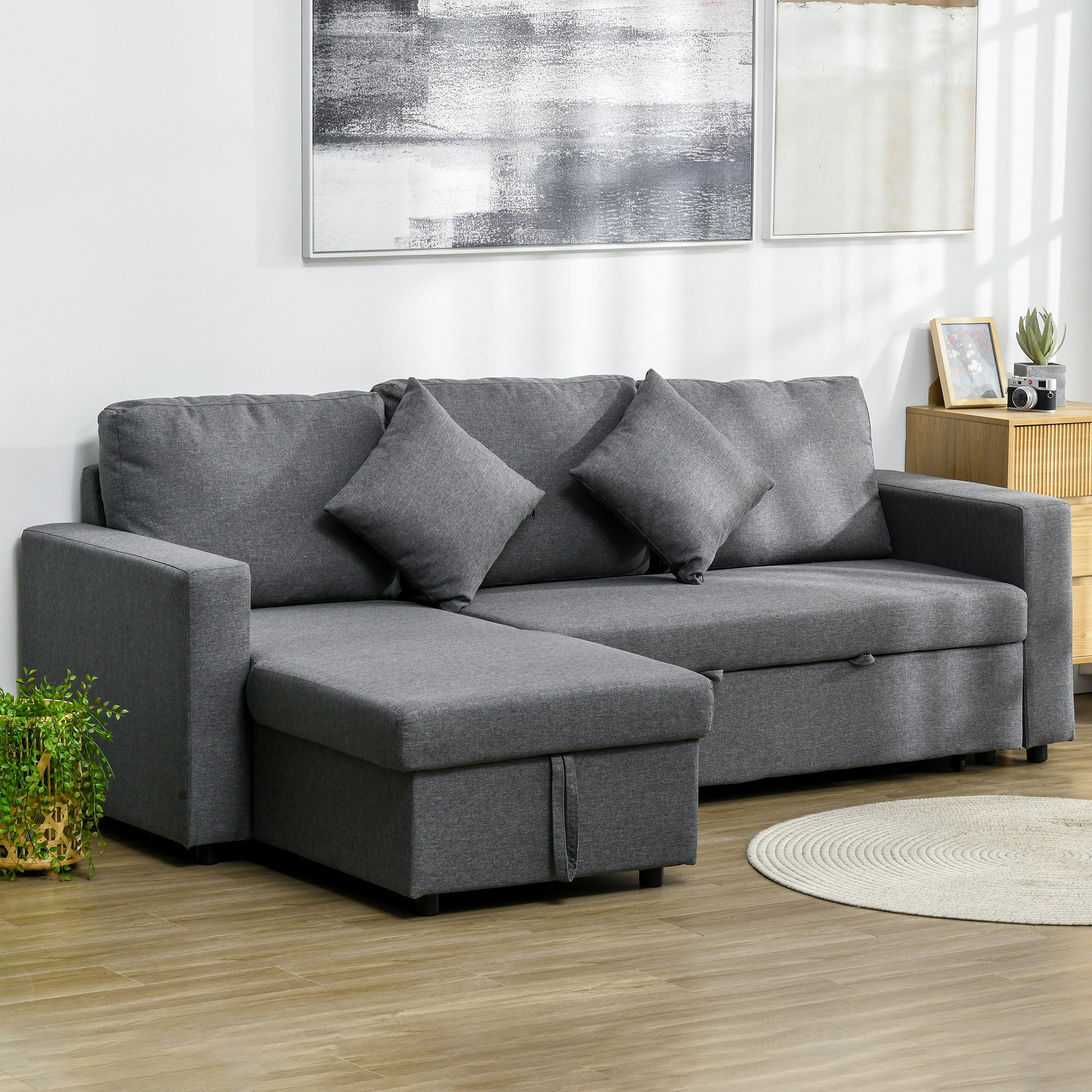 HOMCOM Corner Sofa Bed with Storage, 3 Seater Pull Out Sofa Bed, Convertible L Shape Sofa Couch with Reversible Chaise Lounge for Living Room, Dark Grey - North Peak Garden Furniture