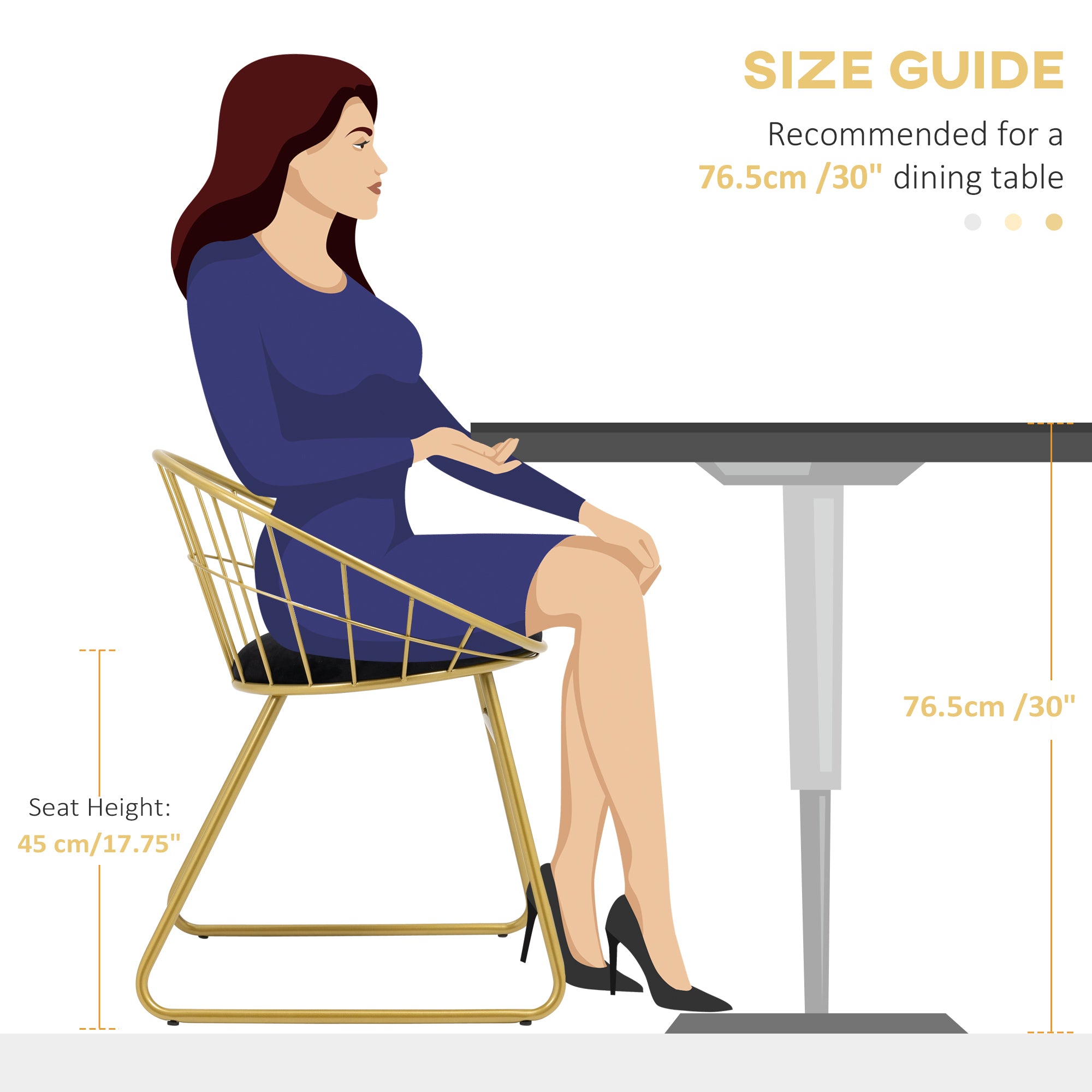 HOMCOM Modern Dining Chairs Set of 2, Metal Wire Kitchen Chair with Velvet-feel Cushion, Round Back and Steel Frame for Living Room, Bedroom, Gold - North Peak Garden Furniture