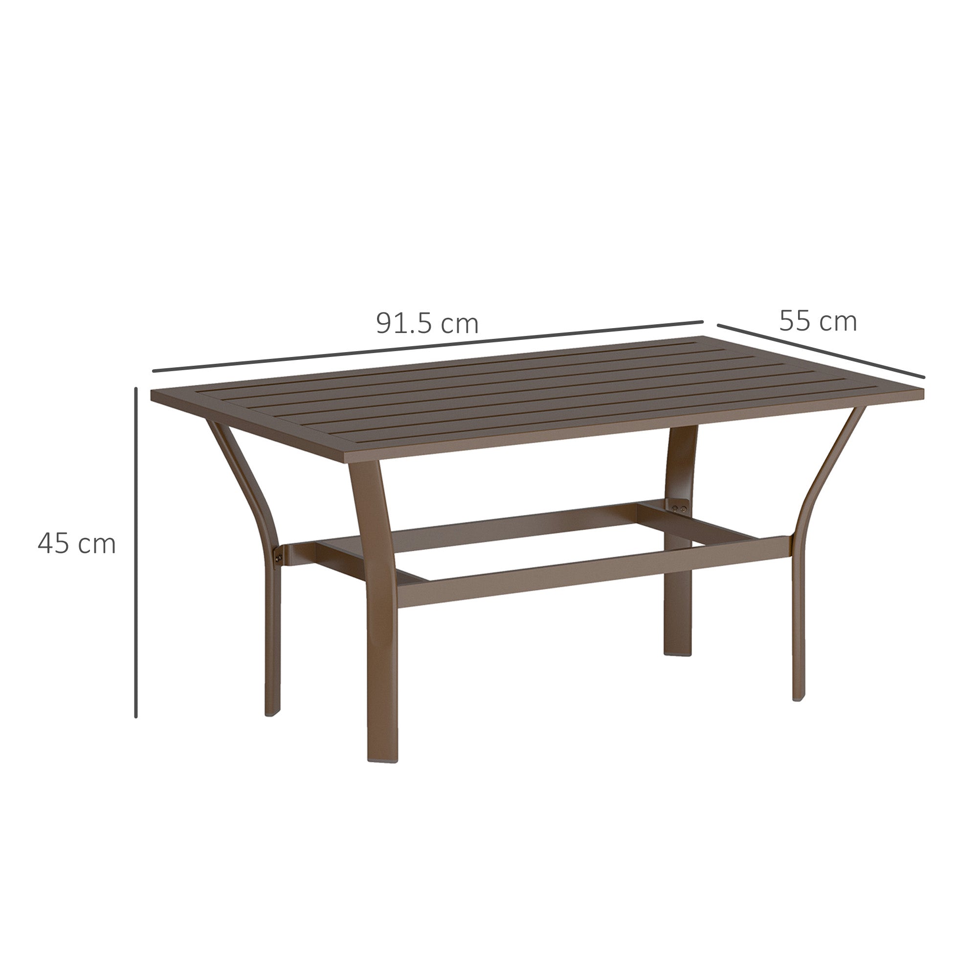 Outsunny Metal Garden Coffee Table, Rectangular Outdoor Side Table with Slatted Tabletop, Foot Pads for Outside, Garden, Balcony, Porch, 91.5 x 55 x 45cm, Brown - North Peak Garden Furniture
