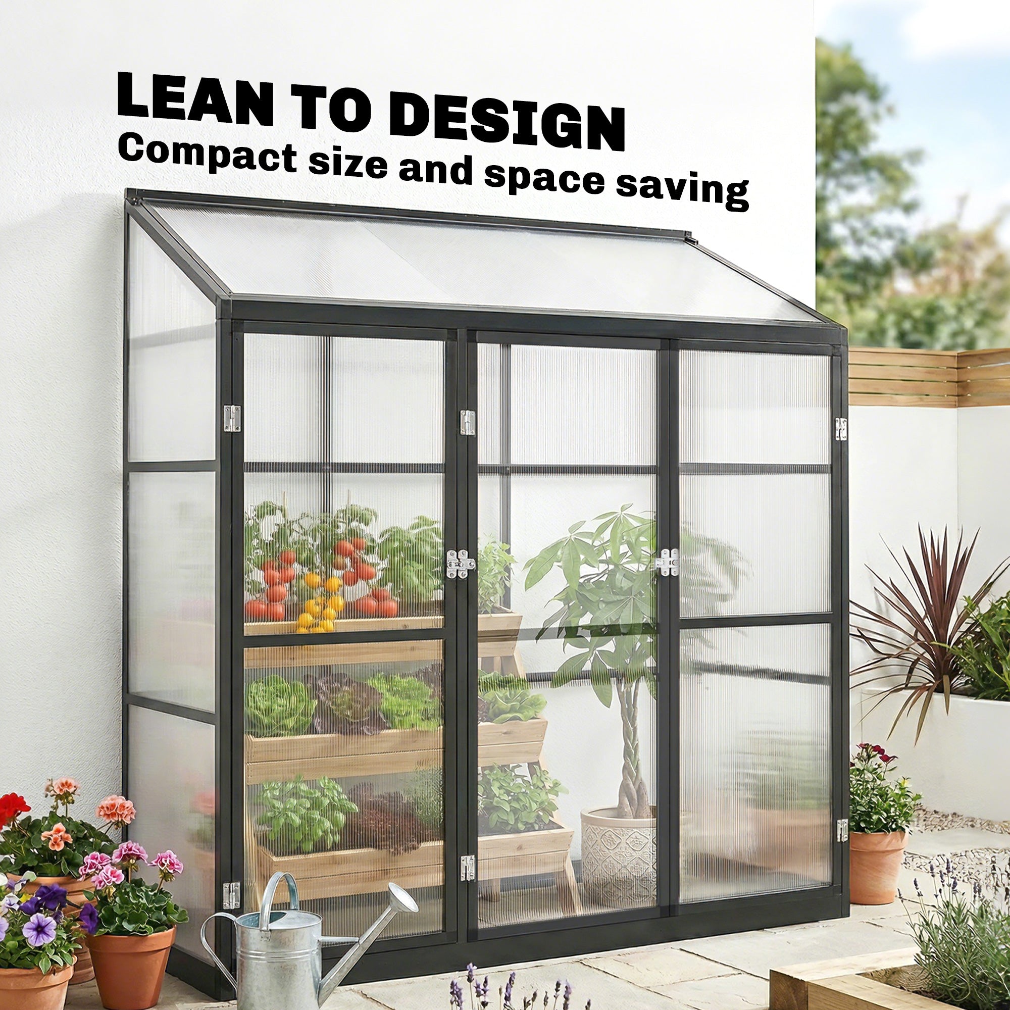 Outsunny 6 x 1.5ft Polycarbonate Greenhouse, Quick Setup, Lean-to Green House with 3 Hinged Doors, Top Vent, Black