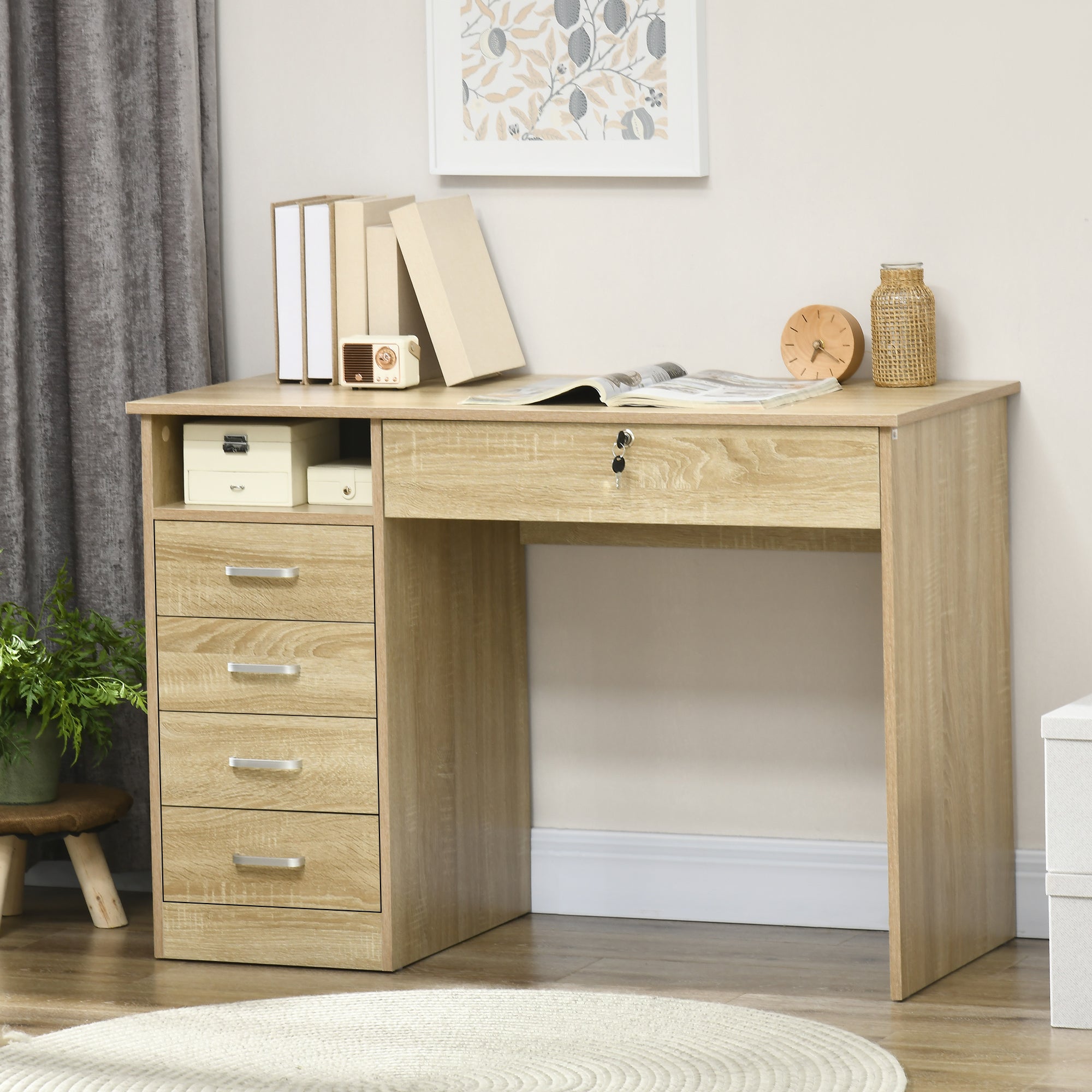 HOMCOM Computer Desk, Home Office Desk with Lockable Drawer, Storage Shelf for Study Bedroom, 110 x 50 x 76 cm, Oak - North Peak Garden Furniture