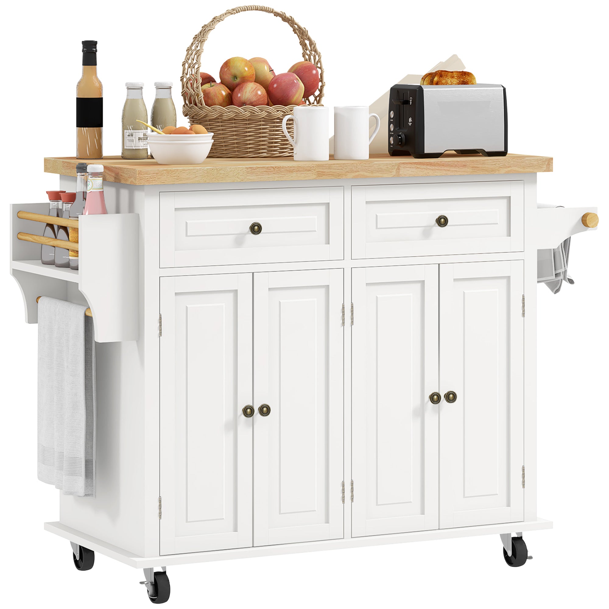 HOMCOM Rolling Kitchen Island Storage Trolley with Rubber Wood Top & Drawers for Dining Room, Cream White - North Peak Garden Furniture
