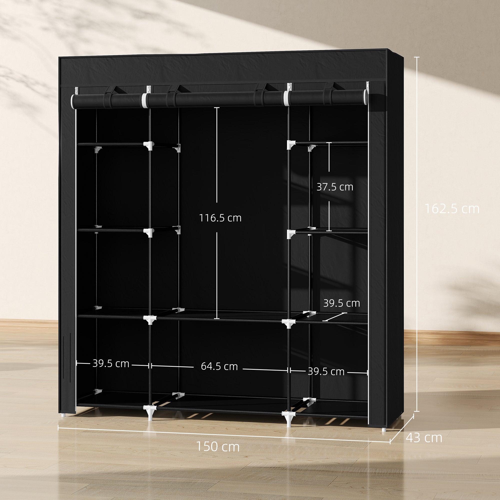 HOMCOM Portable Wardrobe, Foldable Fabric Wardrobe, 150 x 43 x 162.5cm, Clothes Storage Organiser with Hanging Rail, Shelves, Fabric Cover for Bedroom, Black - North Peak Garden Furniture