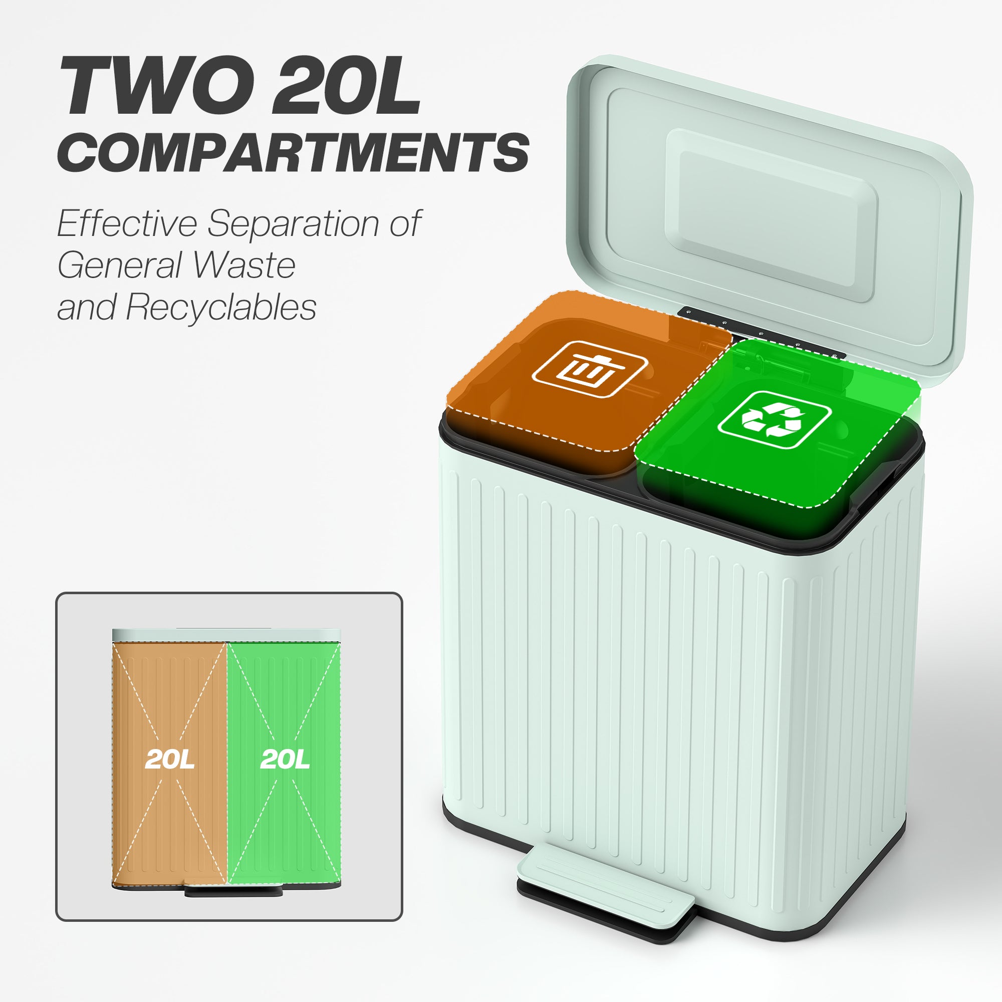 HOMCOM 40L Dual Compartment Rubbish Bin, with Soft-Close Lid - Green - North Peak Garden Furniture