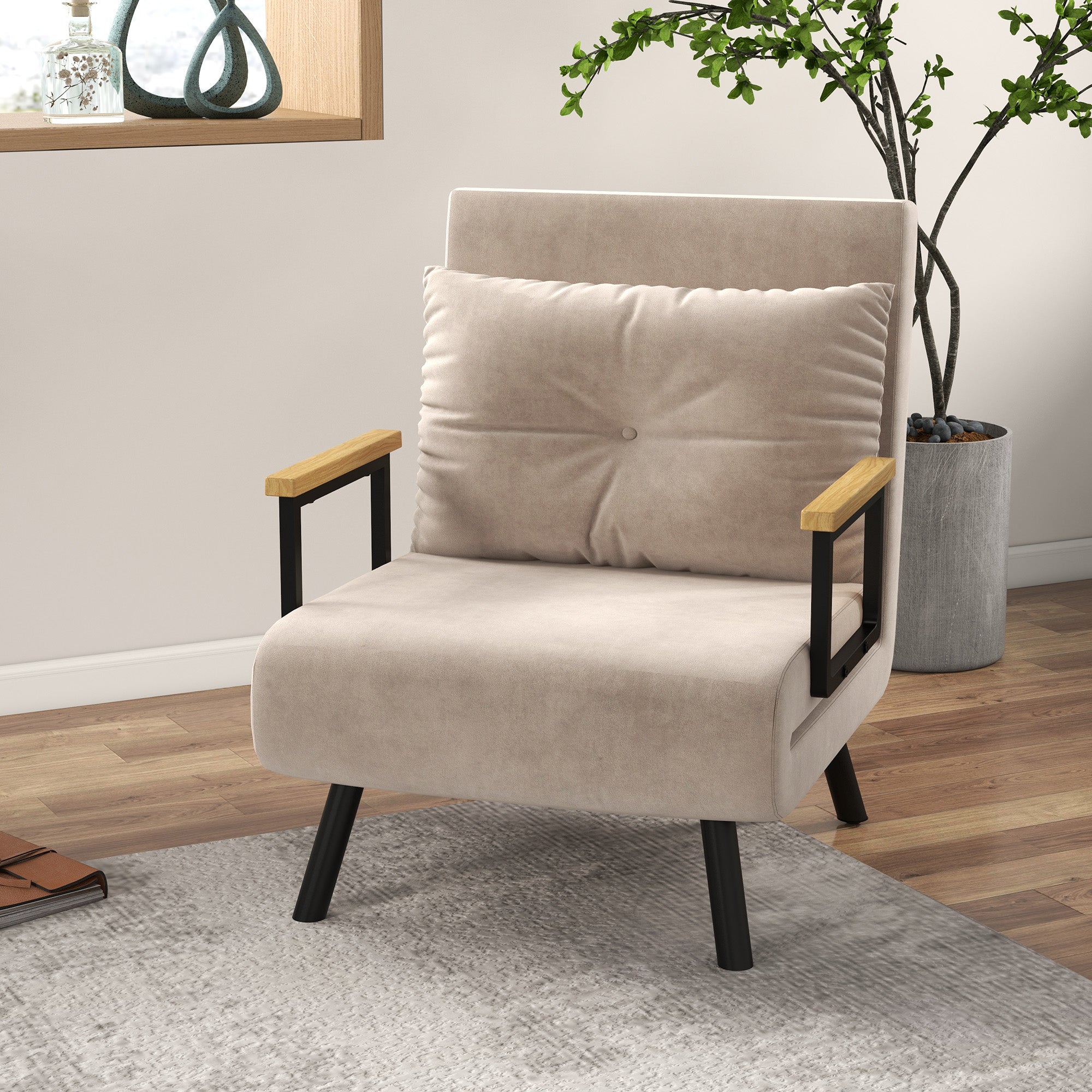 HOMCOM 4-in-1 Velvet-Feel Single Chair Bed, with Pillow - Beige - North Peak Garden Furniture