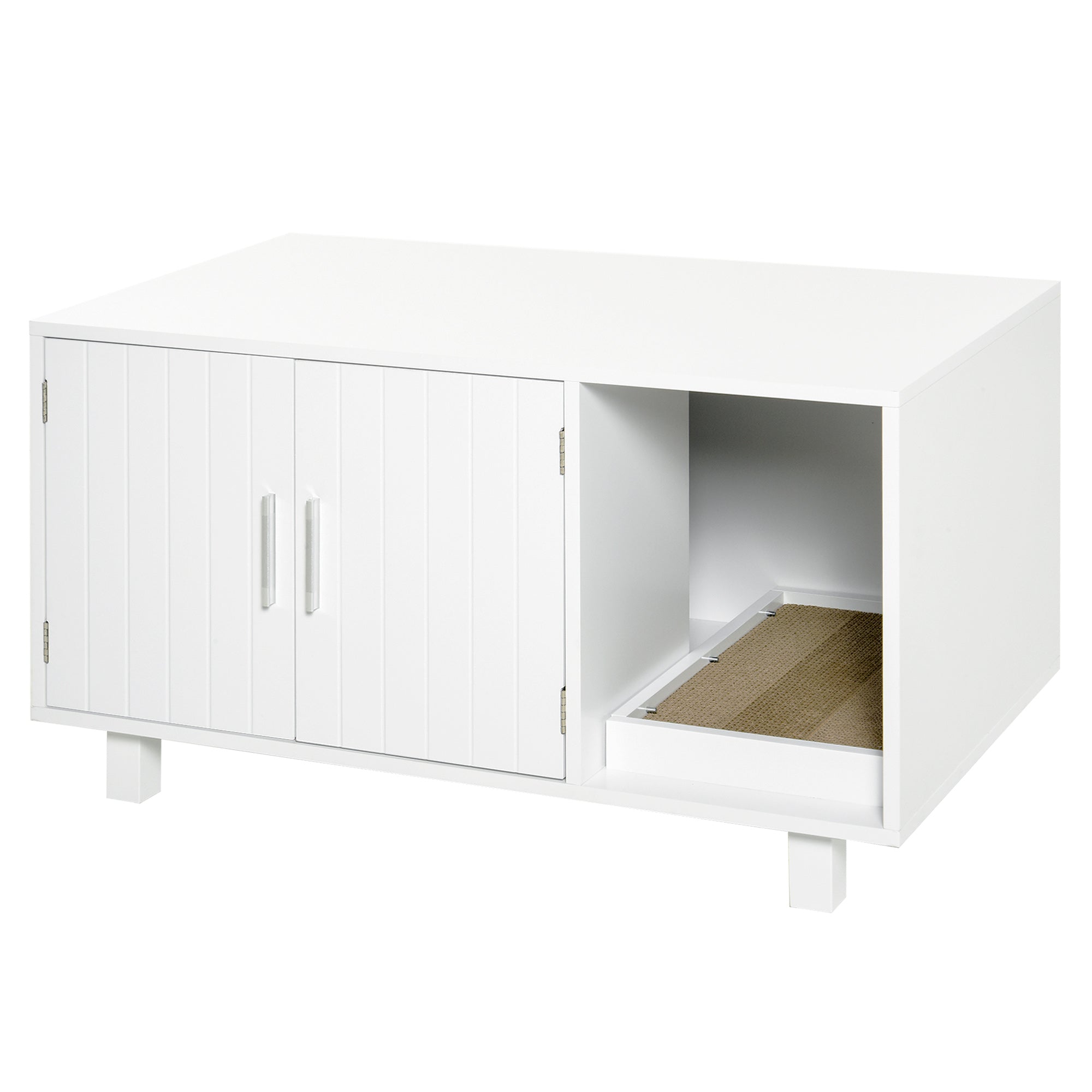 PawHut Wooden Cat Litter Box Enclosure & House with Nightstand/End Table Design, Scratcher, & Magnetic Doors, White - North Peak Garden Furniture