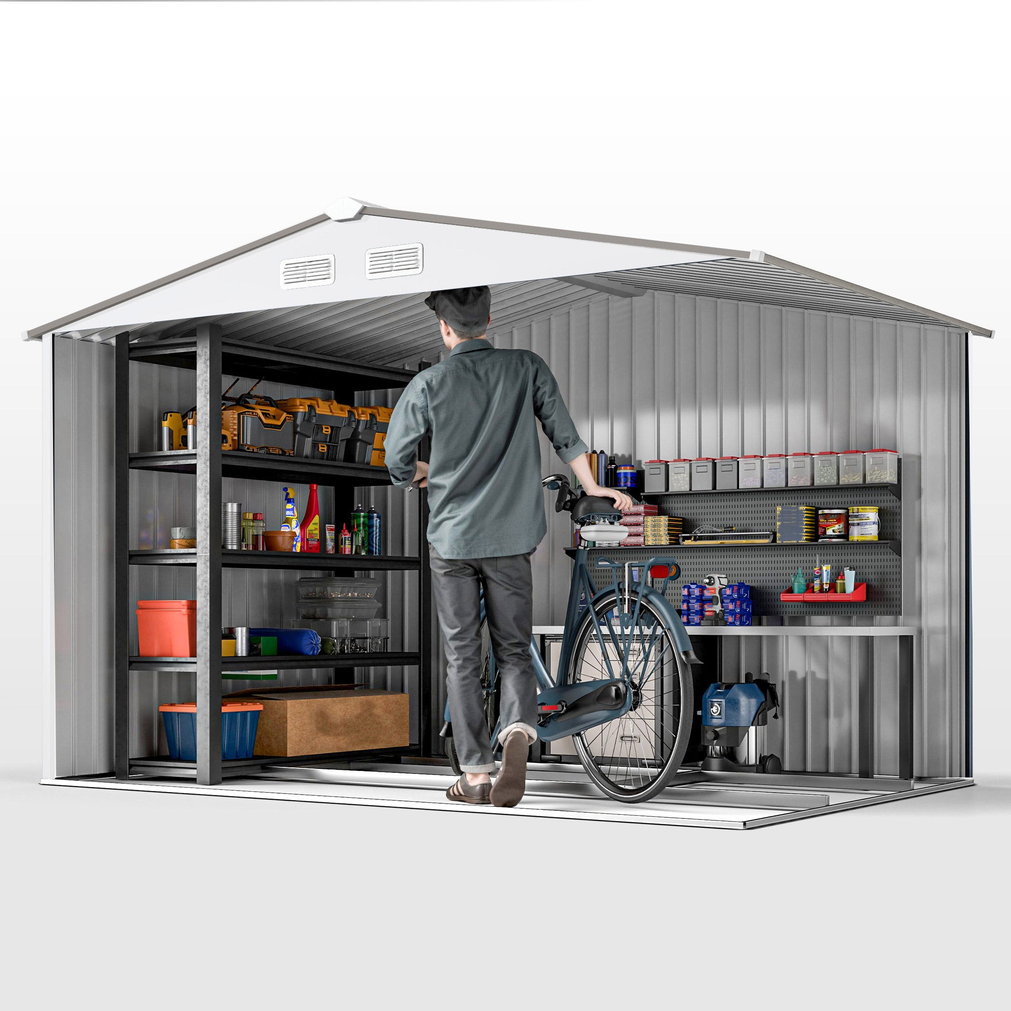 Outsunny Garden Storage Shed, Metal Outdoor Storage Shed House with Foundation Kit, Ventilation, Doors, 9 x 6FT, Silver