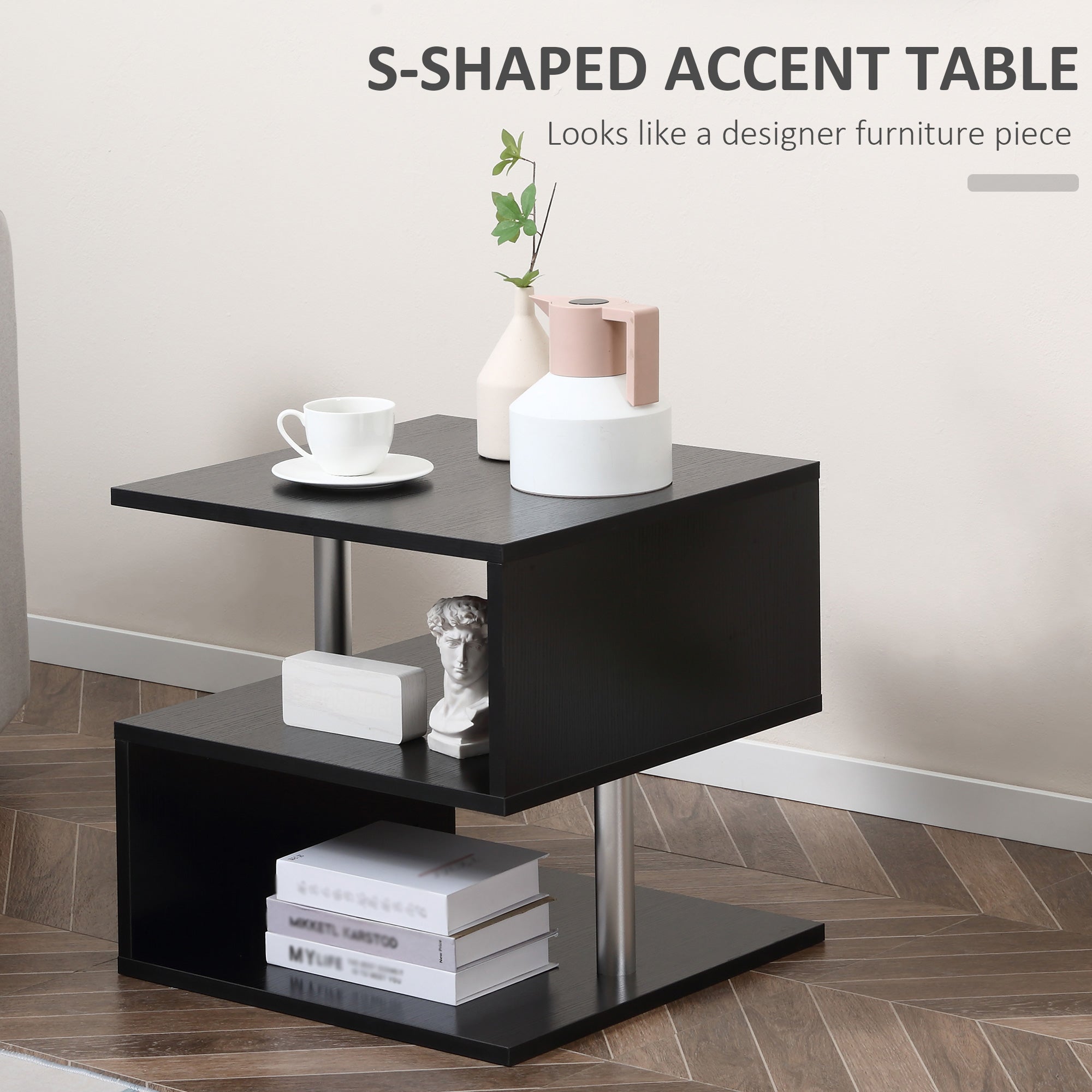 HOMCOM Wooden S Shape Cube Coffee Table 2 Tier Storage Shelves Organizer Office Bookcase Living Room End Desk Stand Display (Black) - North Peak Garden Furniture