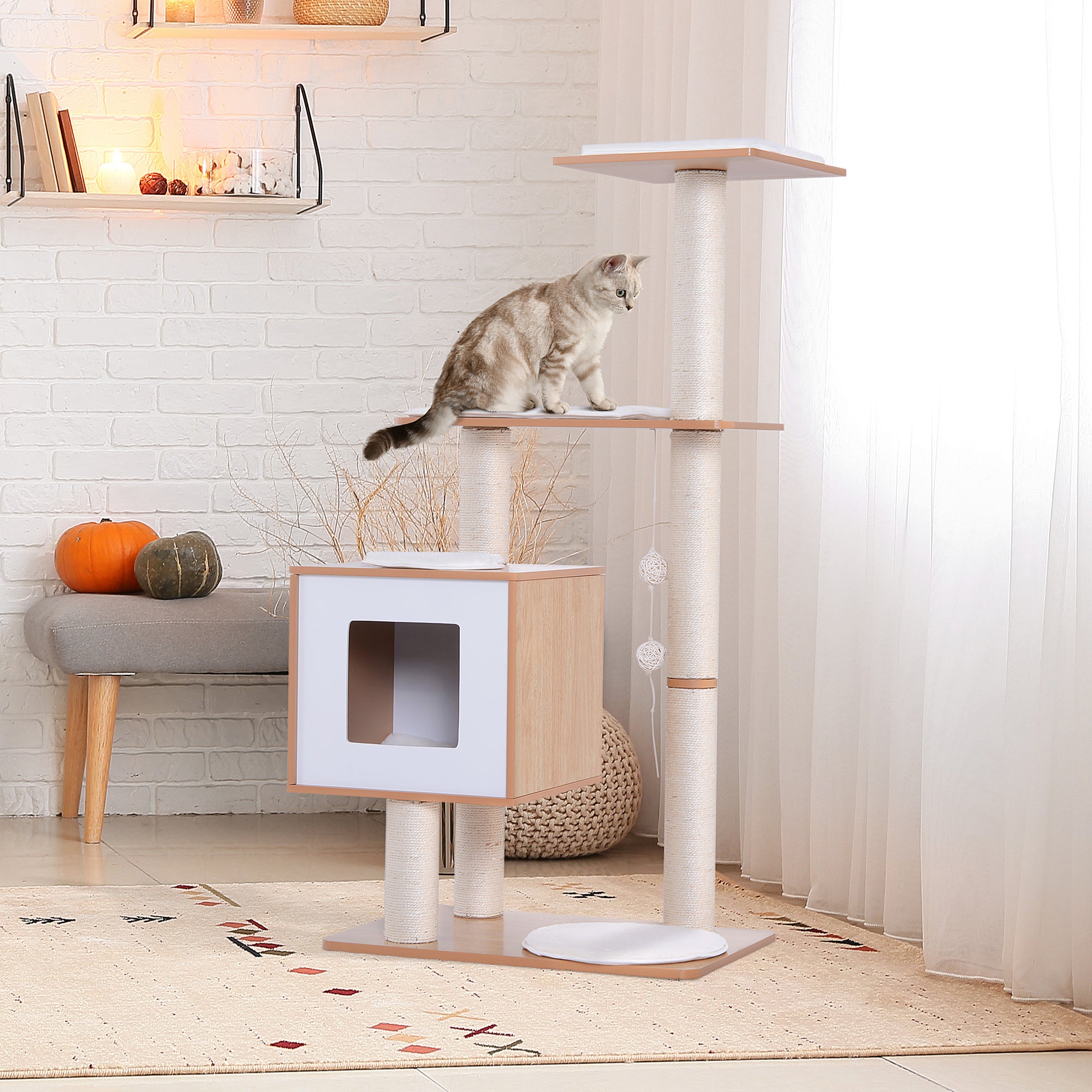 PawHut Wooden Cat Tree with Scratching Post, Multi-level Kitten House Condo, Activity Centre with Cushion and Hanging Toy