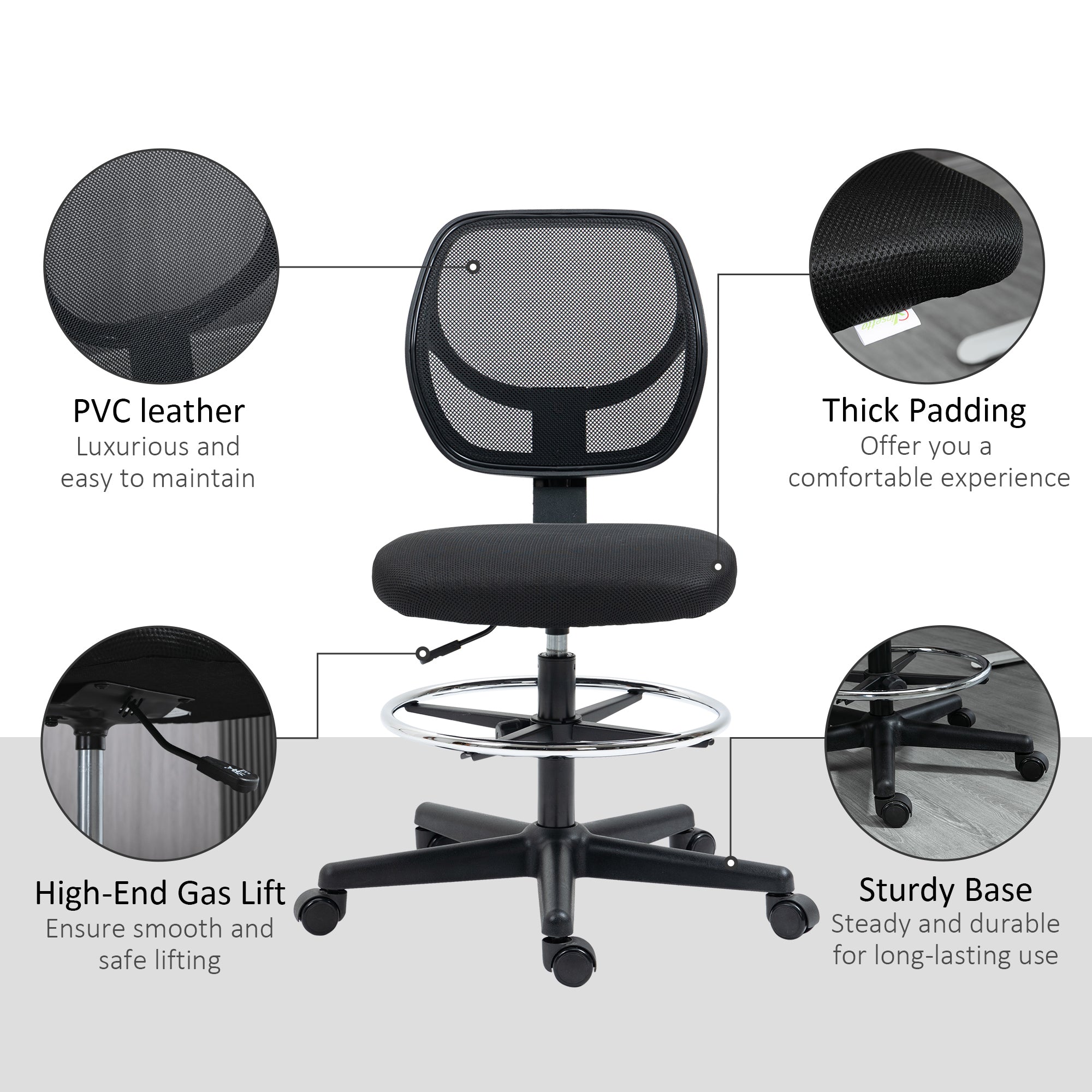 Vinsetto Ergonomic Mesh Standing Desk Chair with Adjustable Footrest Ring and Seat Height Black - North Peak Garden Furniture