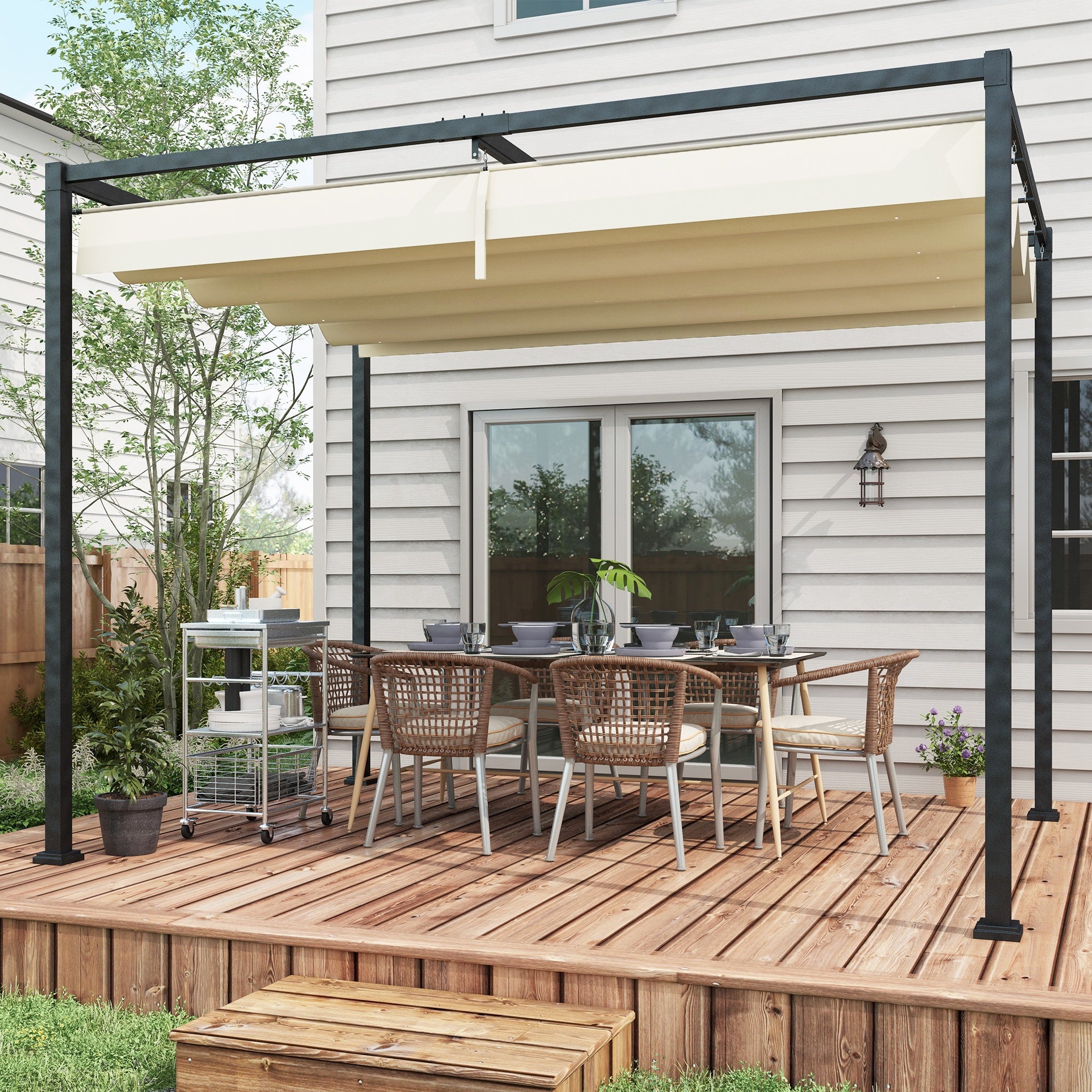 Outsunny 3x2m Metal Pergola with Retractable Roof, Garden Gazebo Canopy Shelter for Outdoor, Patio, Cream White