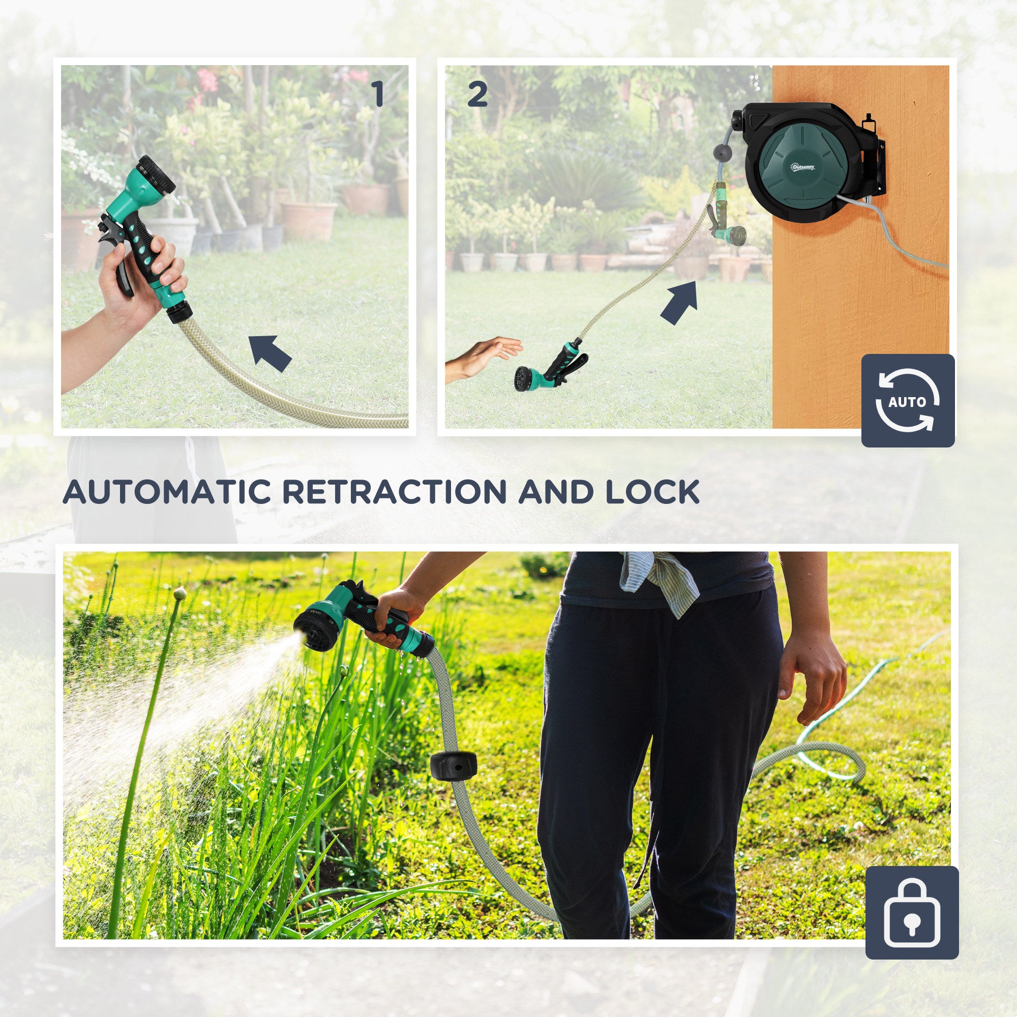Outsunny Retractable Hose Reel Wall Mounted, 30+2m Garden Hose Pipe Reel with Lock, Auto Rewind, 7 in 1 Spray Nozzle, Includes Wall Fixings, 180° Swivel, Outdoor Watering, 59 x 23 x 42 cm, Green