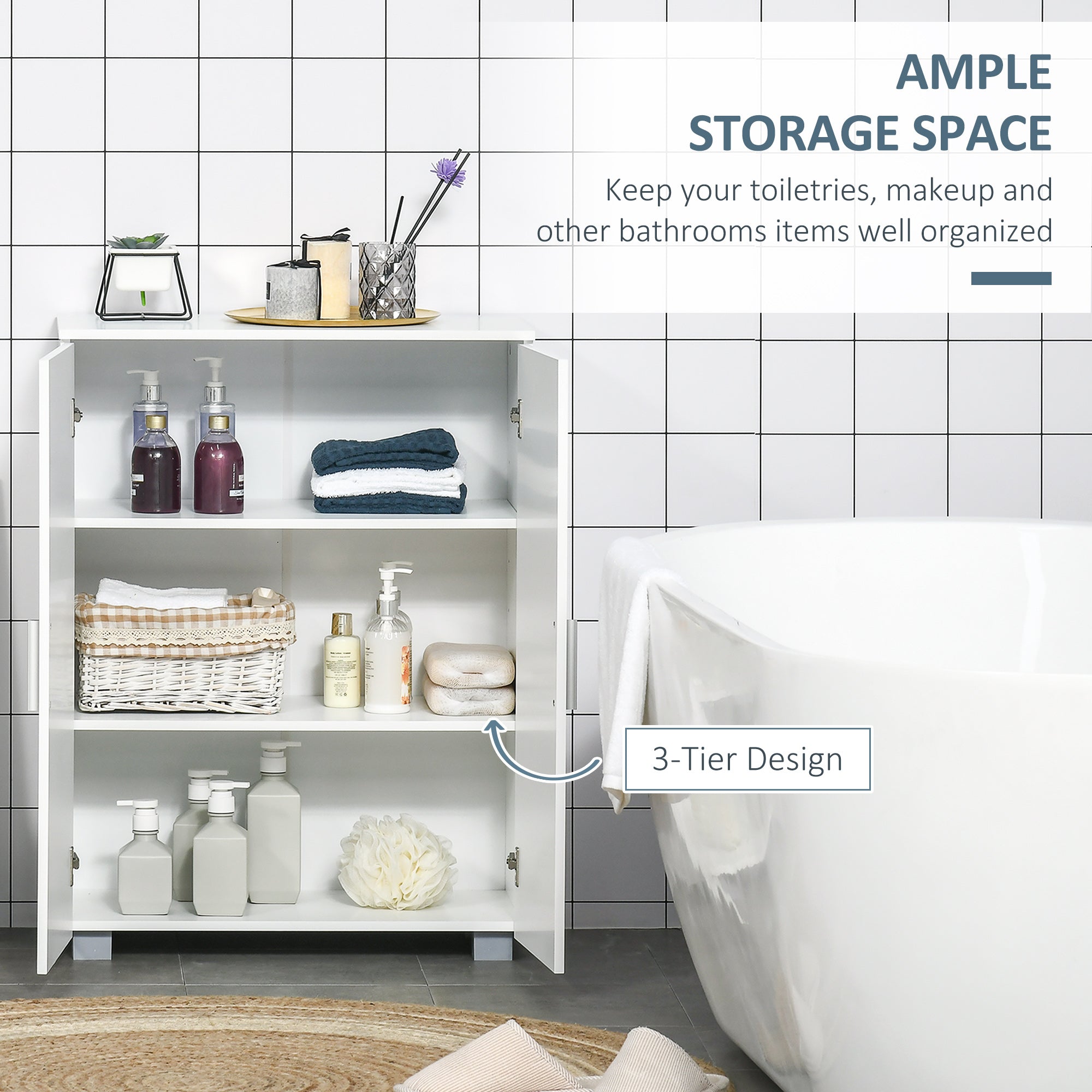 kleankin Modern Bathroom Floor Cabinet, Free Standing Linen Cabinet, Storage Cupboard with 3 Tier Shelves, White - North Peak Garden Furniture