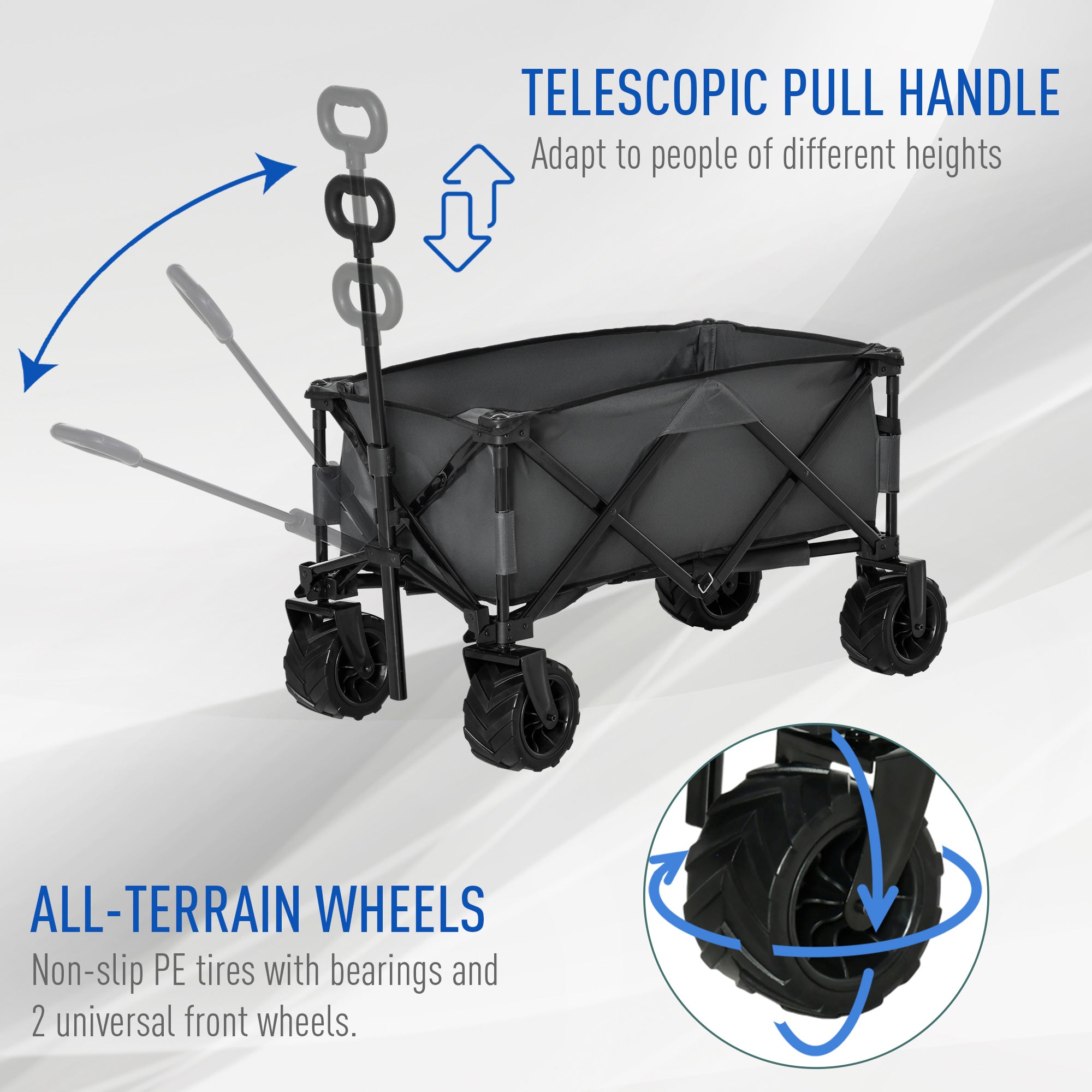 Outsunny Outdoor Pull Along Cart Folding Cargo Wagon Trailer Trolley for Beach Garden with Handle, Anti-Slip Wheel - Dark Grey - North Peak Garden Furniture