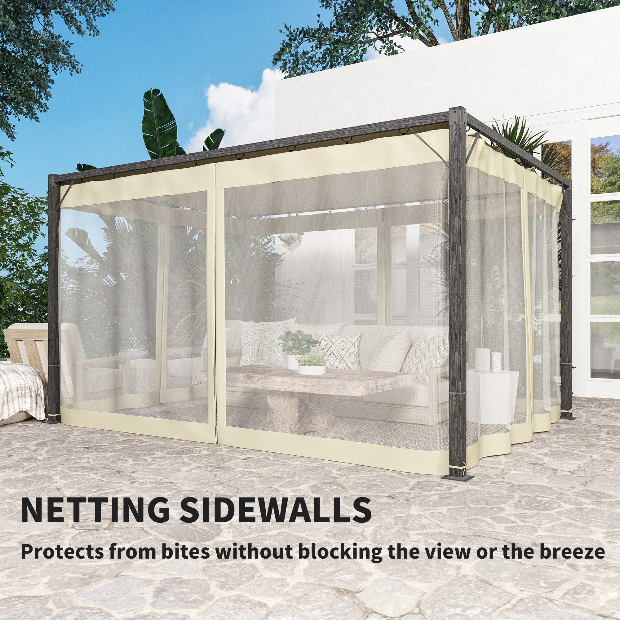 Outsunny 3 x 4m Aluminium Frame Pergola, with Retractable Roof - Khaki - North Peak Garden Furniture