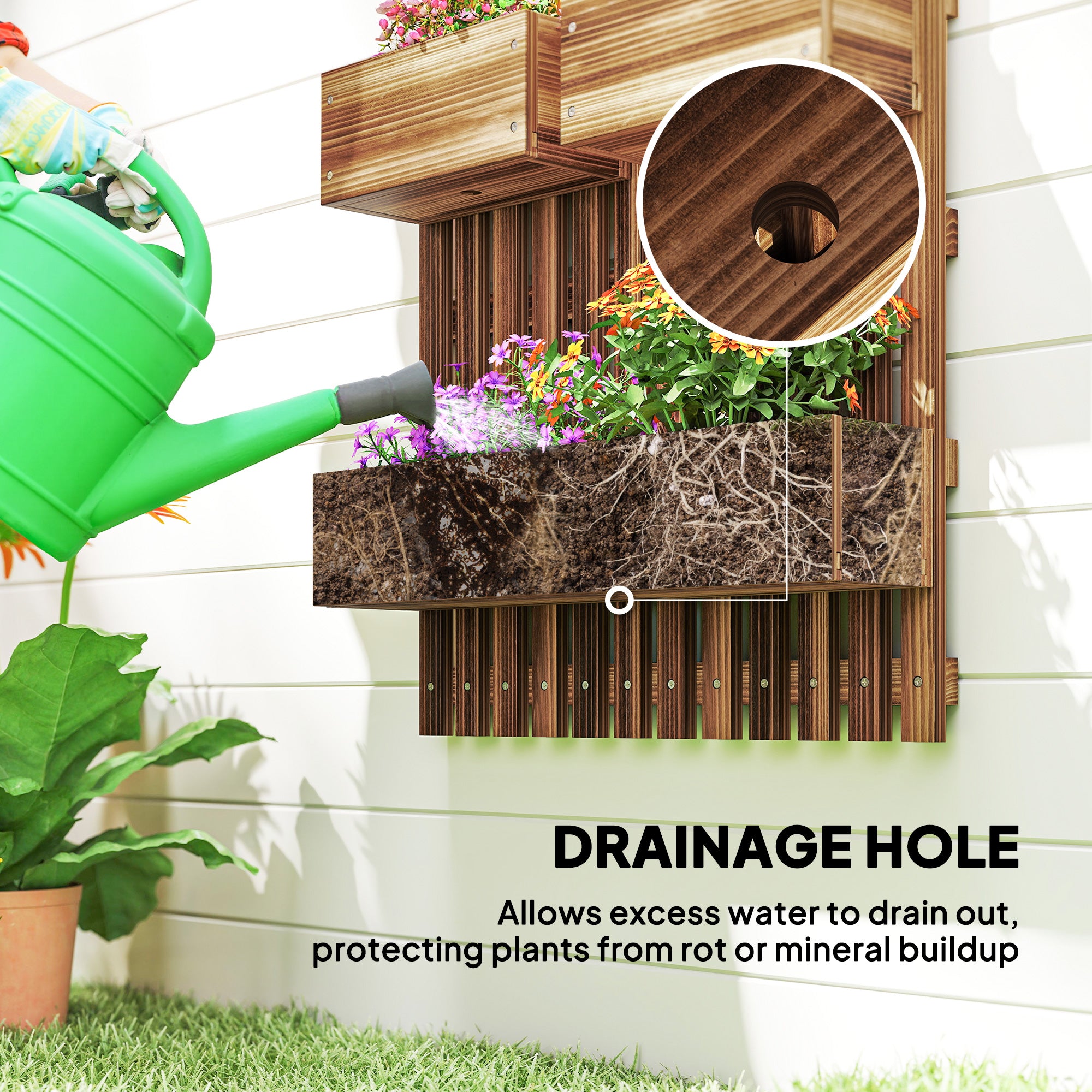 Outsunny Wall-mounted Wooden Garden Planters with Trellis, Drainage Holes and 3 Planter Boxes for Patio, Carbonised
