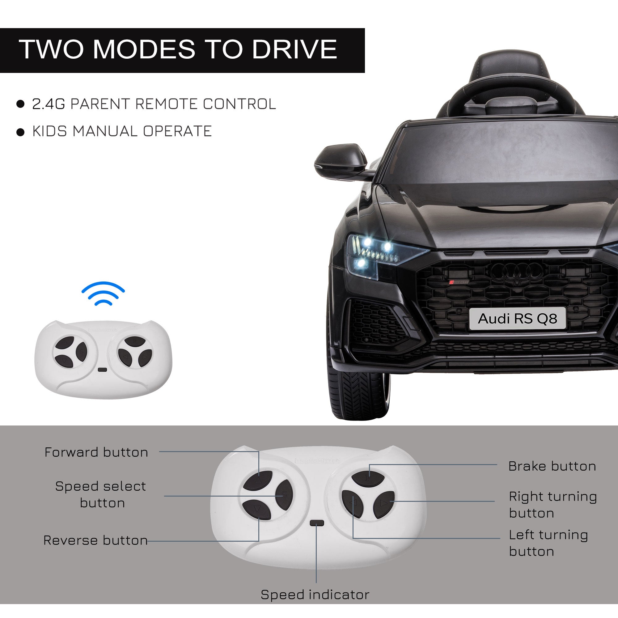 HOMCOM Audi RS Q8 Licensed 6V Kids Electric Ride On Car Toy Car with Remote Control Music Lights USB MP3 for 3-5 Years Old Black - North Peak Garden Furniture