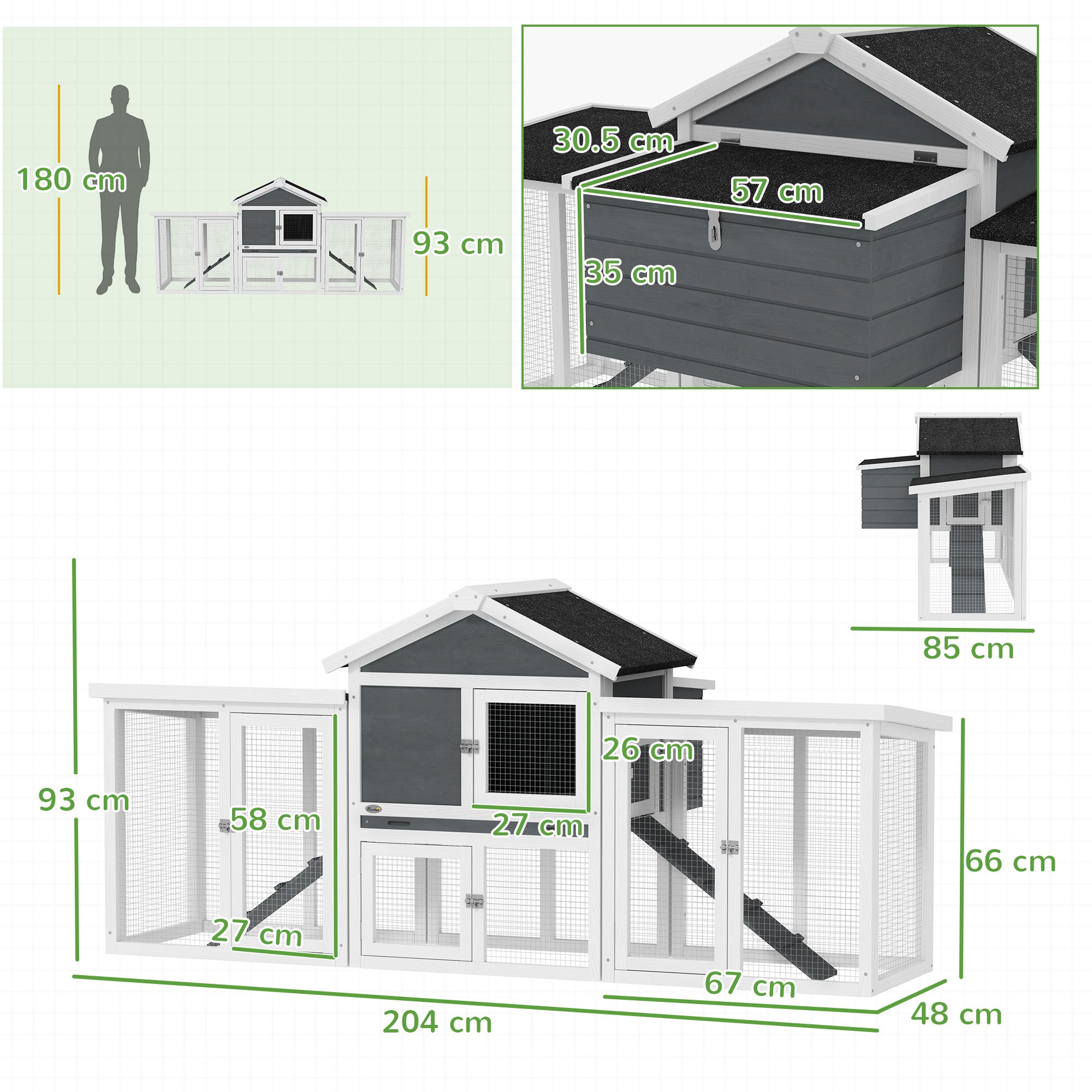 PawHut Large Chicken Coop, Wooden Garden Hen House, Poultry Coops Cages with Run, Nesting Box, Grey - North Peak Garden Furniture