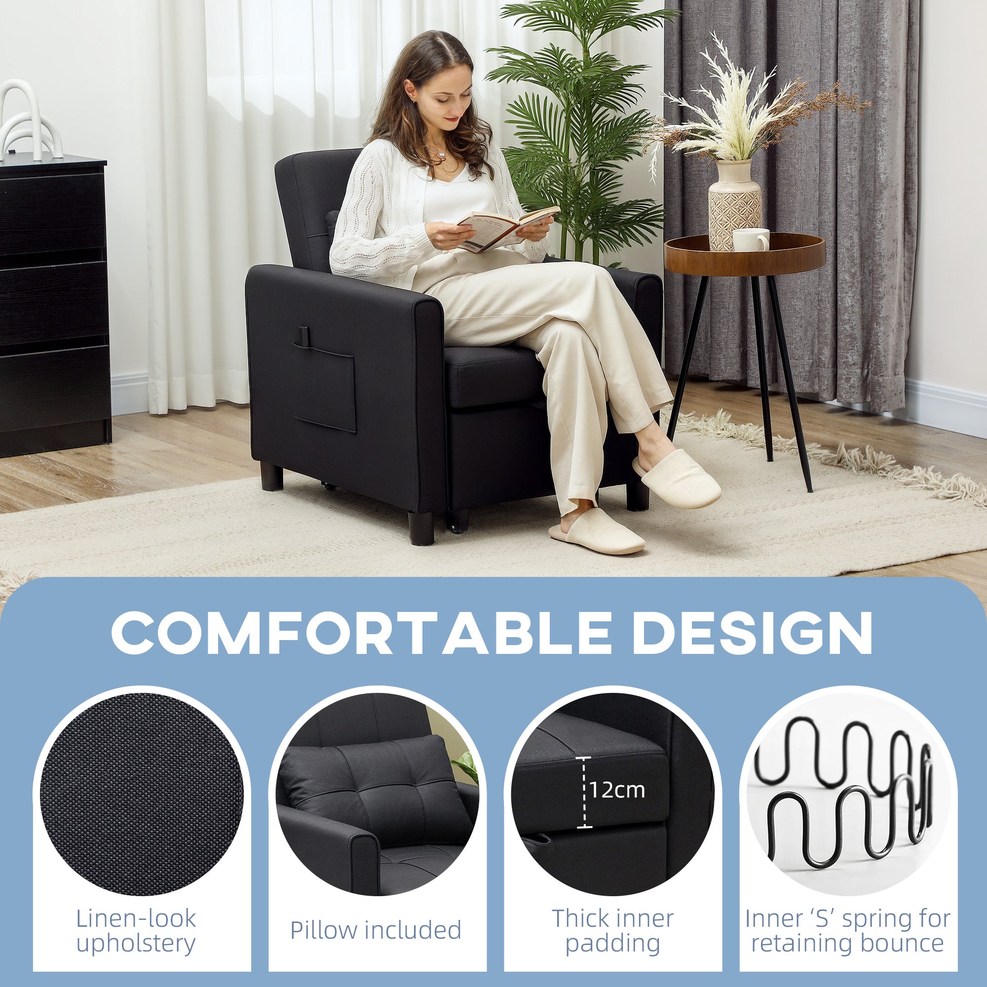 HOMCOM 3-In-1 Convertible Chair Bed, Pull Out Sleeper Chair with Adjustable Backrest, Side Pockets, Black - North Peak Garden Furniture