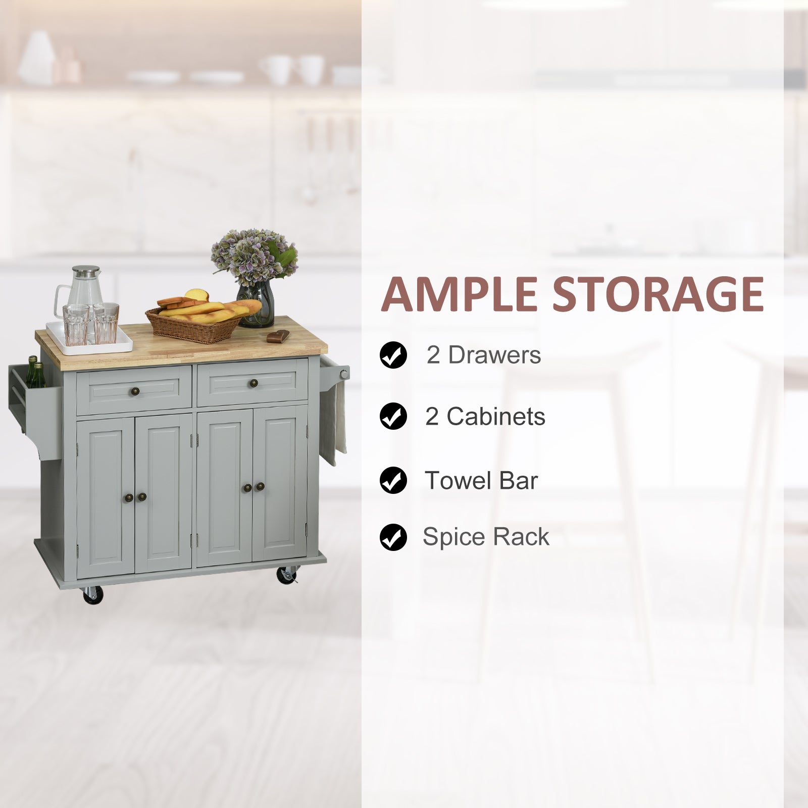 HOMCOM Rolling Kitchen Island Storage Trolley with Rubber Wood Top & Drawers for Dining Room, Grey - North Peak Garden Furniture