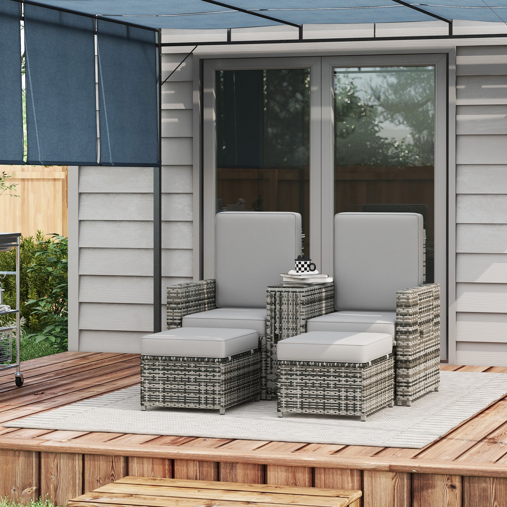 Outsunny Rattan Sun Lounger w/ Storage Tea Table & Footstools, Grey - North Peak Garden Furniture