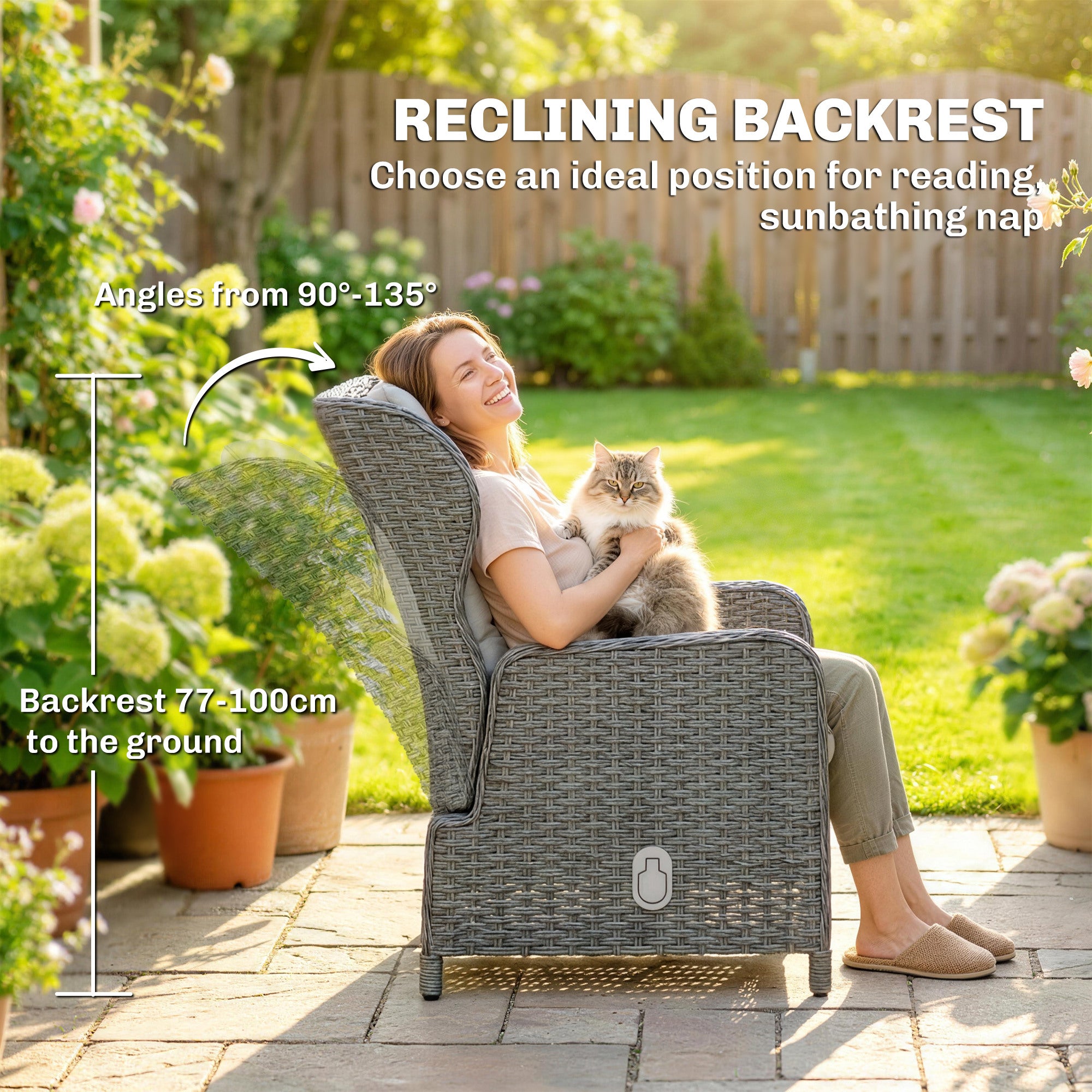 Outsunny 5 Piece Garden Furniture Set, Rattan Reclining Garden Chair Set of 2 with Footstool and Cushion for Balcony, Cream