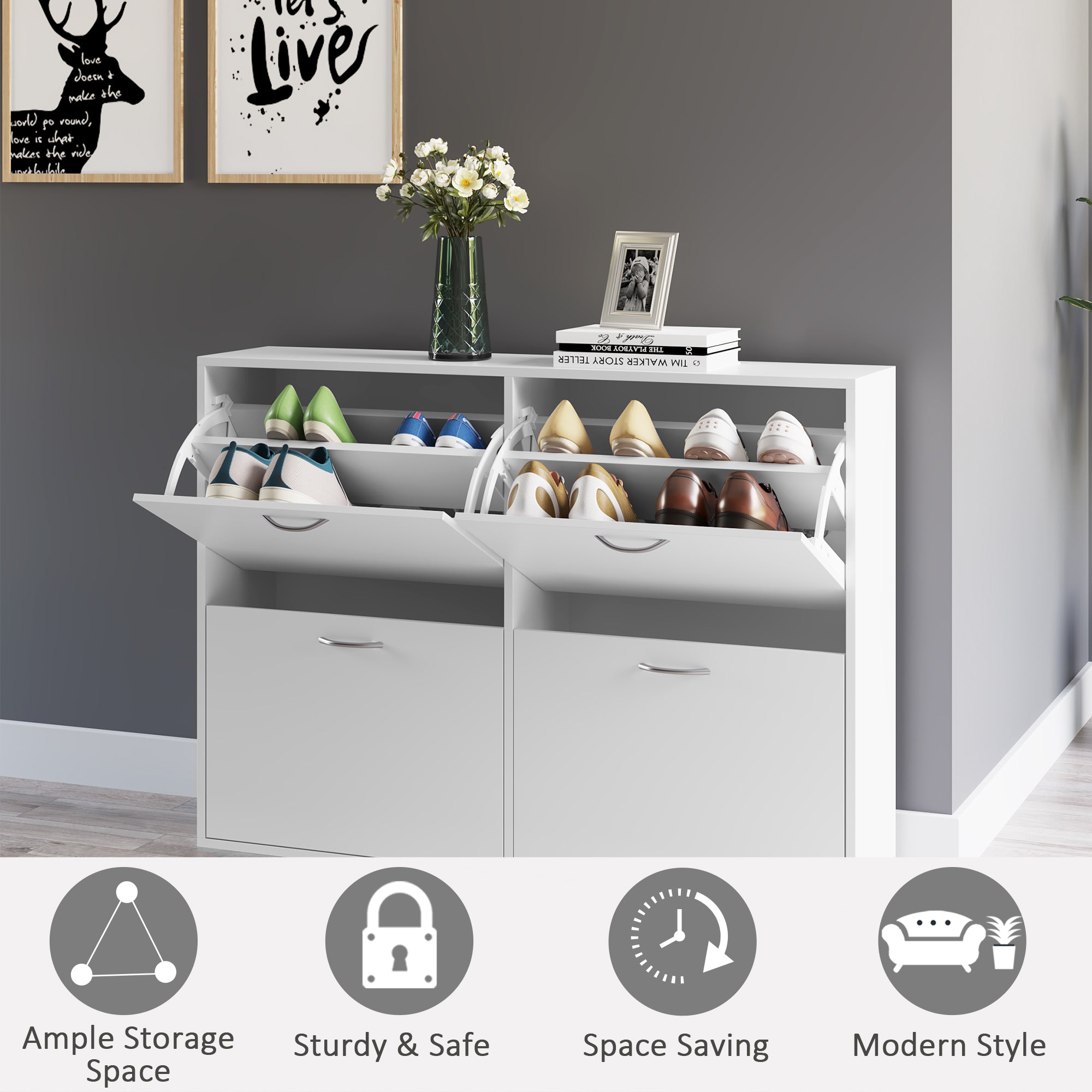 HOMCOM Wooden Modern Design 4 Drawer Shoes Cabinet Pull Down Shelf Storage Organiser - White