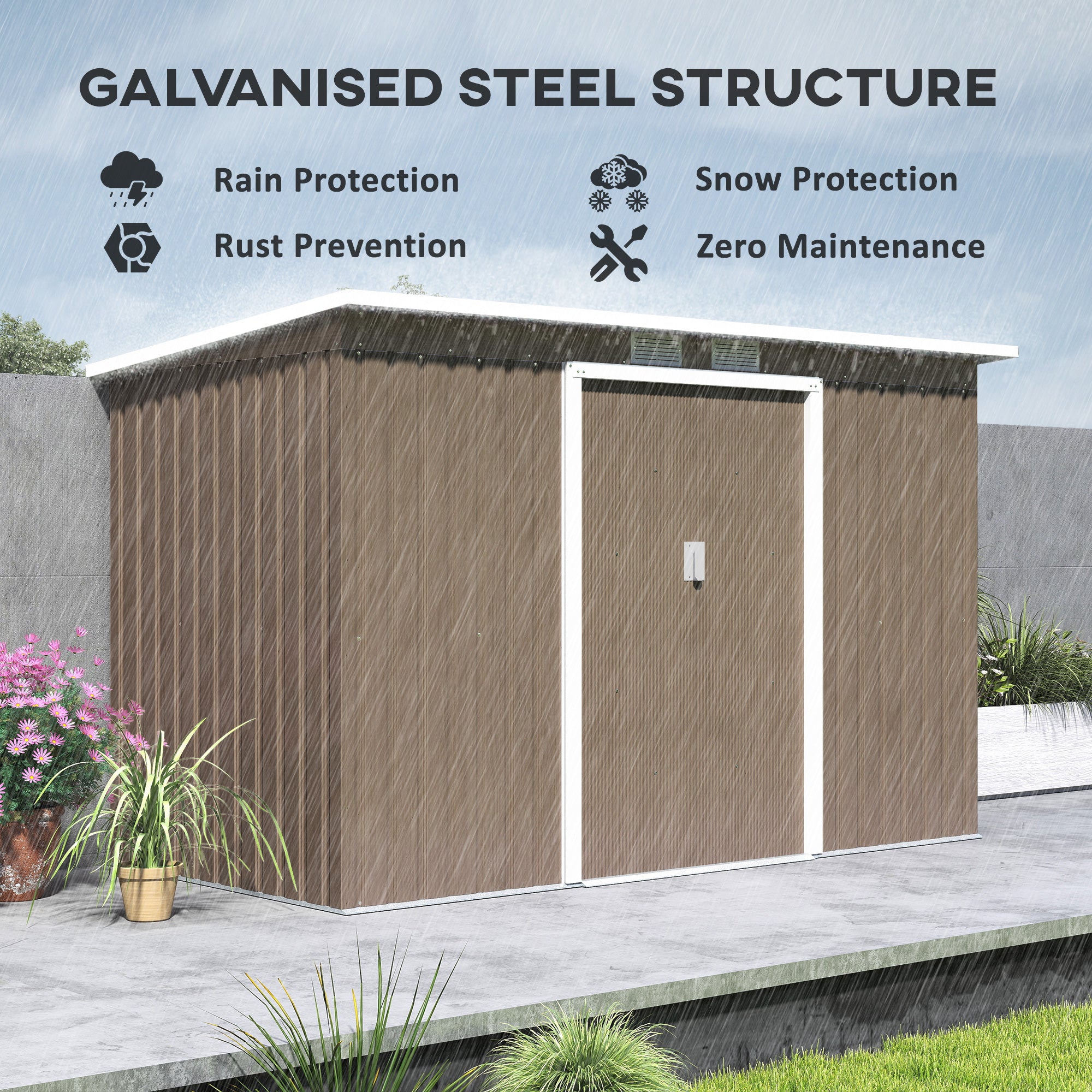 Outsunny 9ft x 4ft Metal Garden Shed, Outdoor Tool House with Foundation Kit, Ventilations and Double Doors, Light Grey Wood Grain - North Peak Garden Furniture