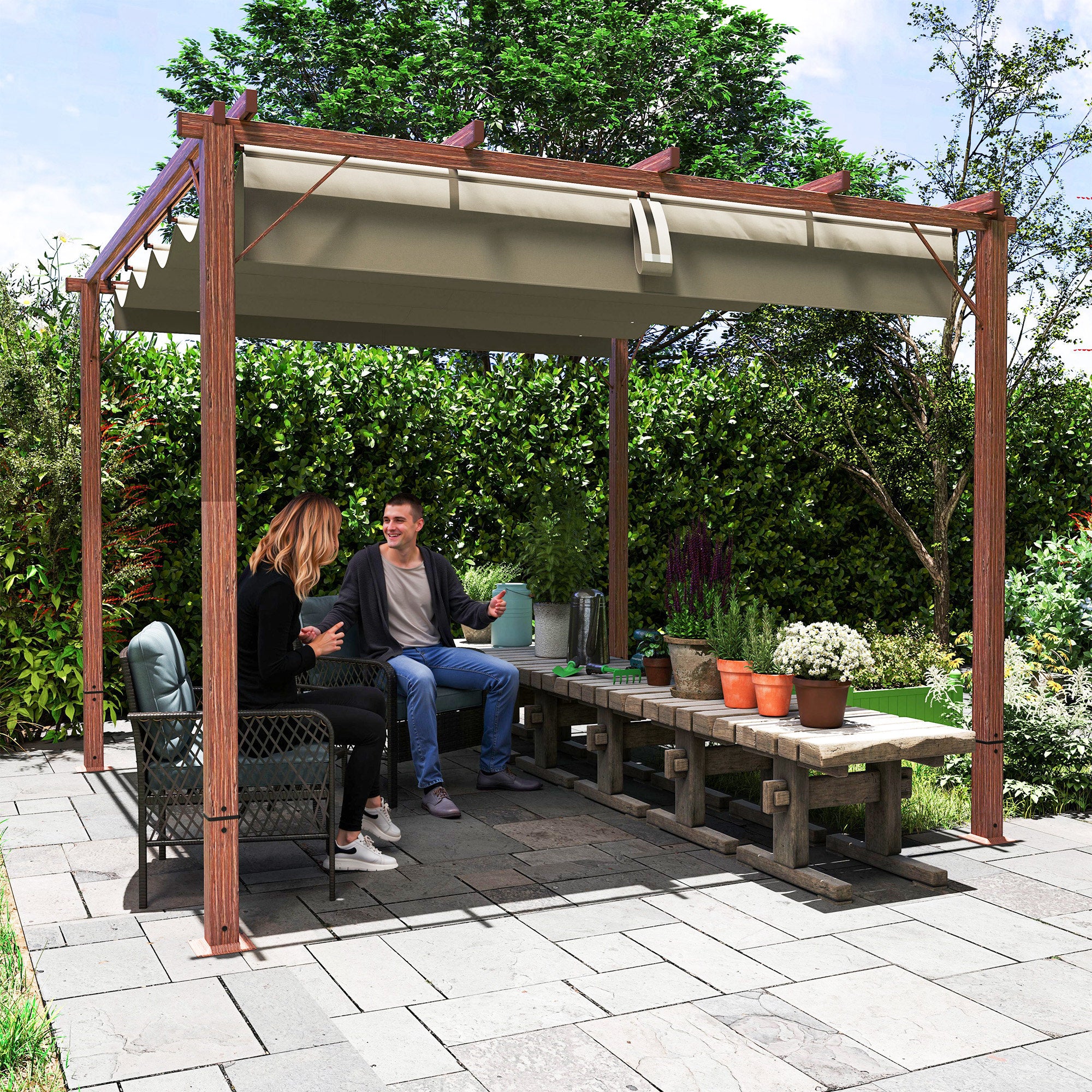 Outsunny 3 x 3 m Retractable Roof Pergola - Natural Wood Finish - North Peak Garden Furniture