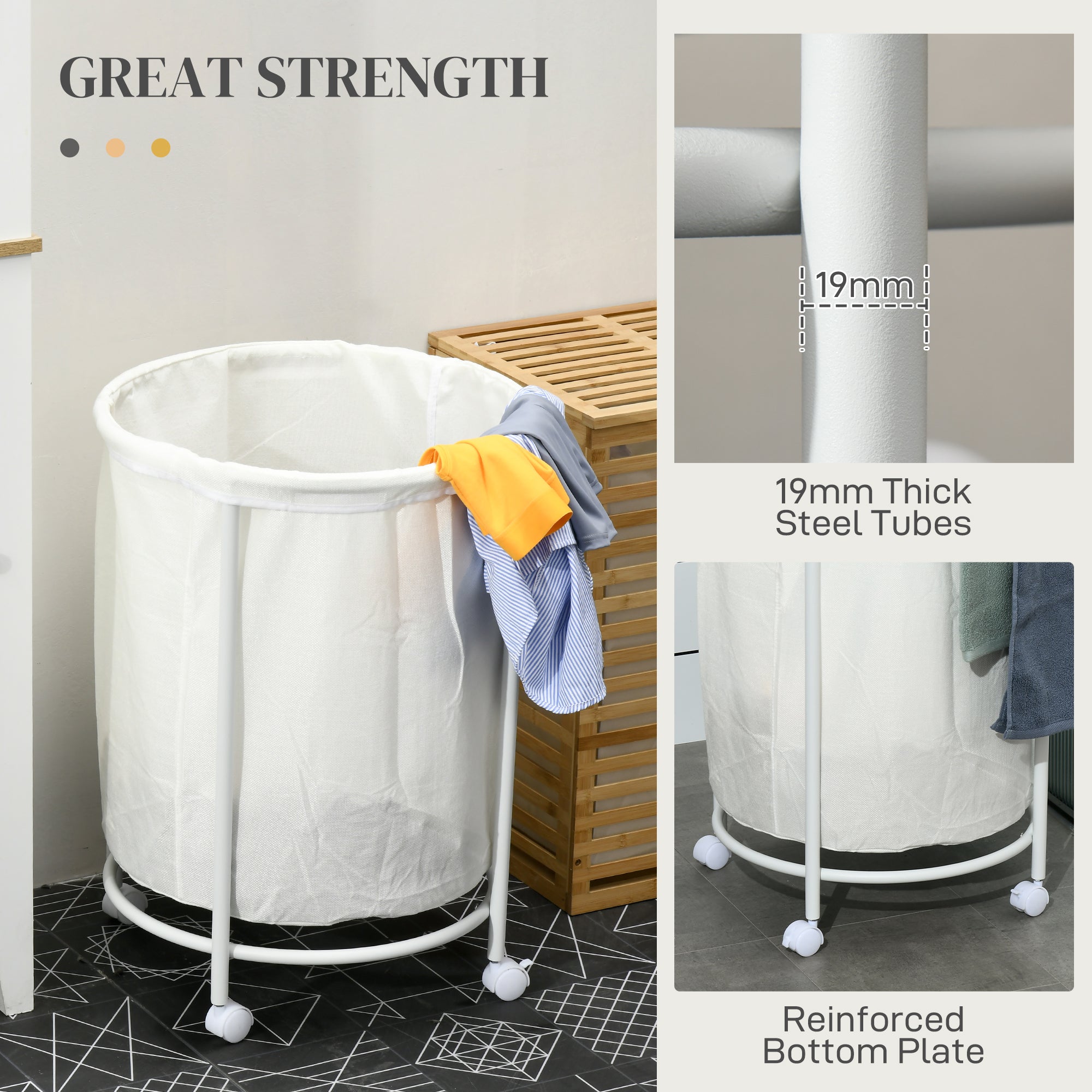 HOMCOM 100L Steel Frame Laundry Bin, with Wheels - White - North Peak Garden Furniture