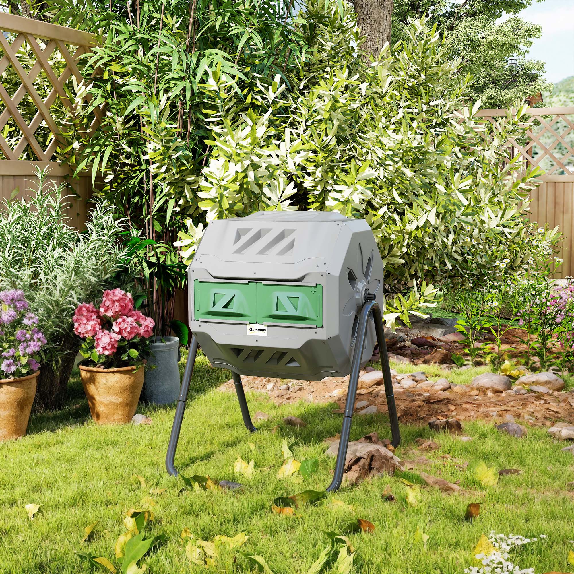 Outsunny 160L Tumbling Compost Bin Outdoor Dual Chamber 360° Rotating Composter, Garden Compost Bin w/ Sliding Doors & Solid Steel Frame, Grey
