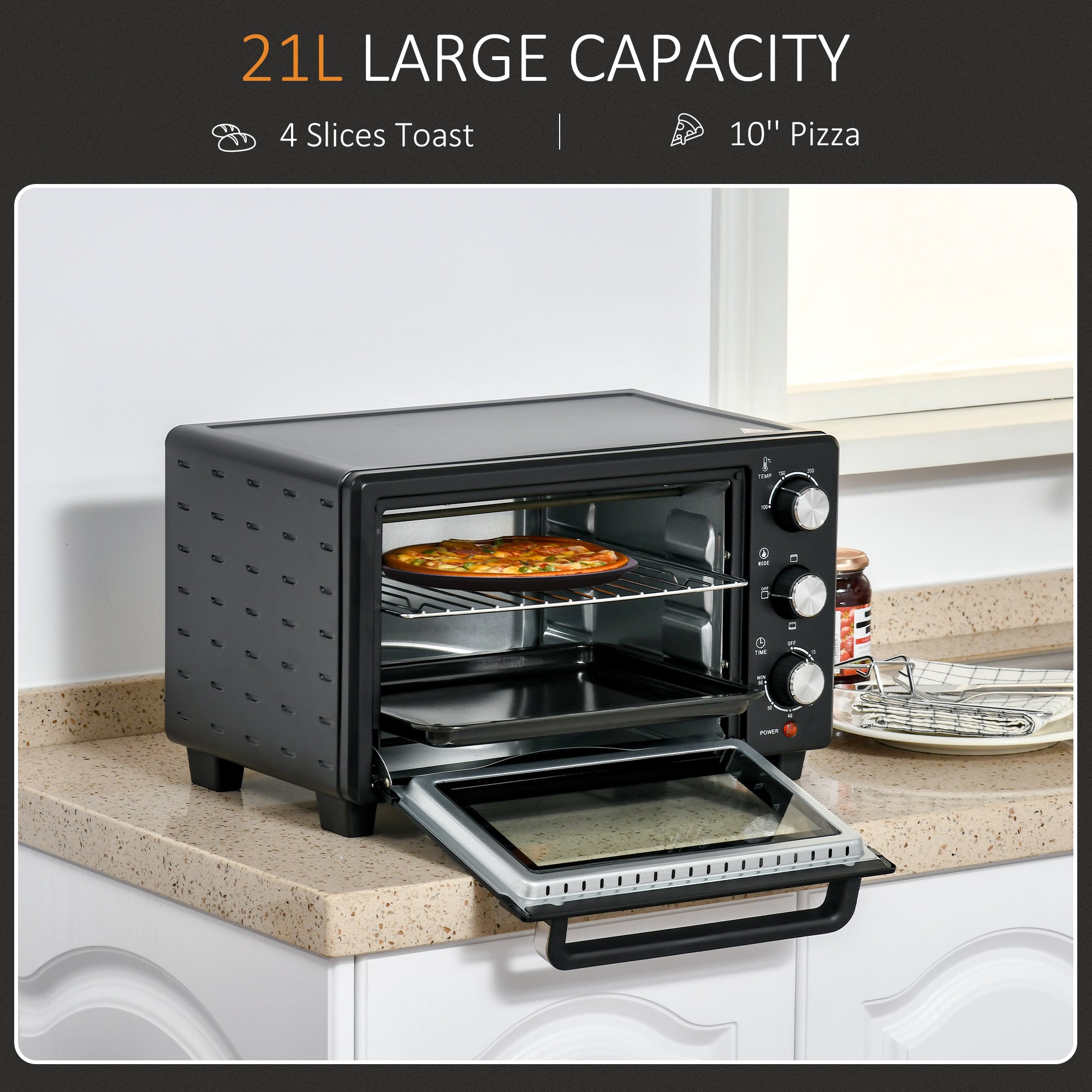 HOMCOM Mini Oven, 21L Countertop Electric Grill, Toaster Oven with Adjustable Temperature, Timer, Baking Tray and Wire Rack, 1400W, Black - North Peak Garden Furniture